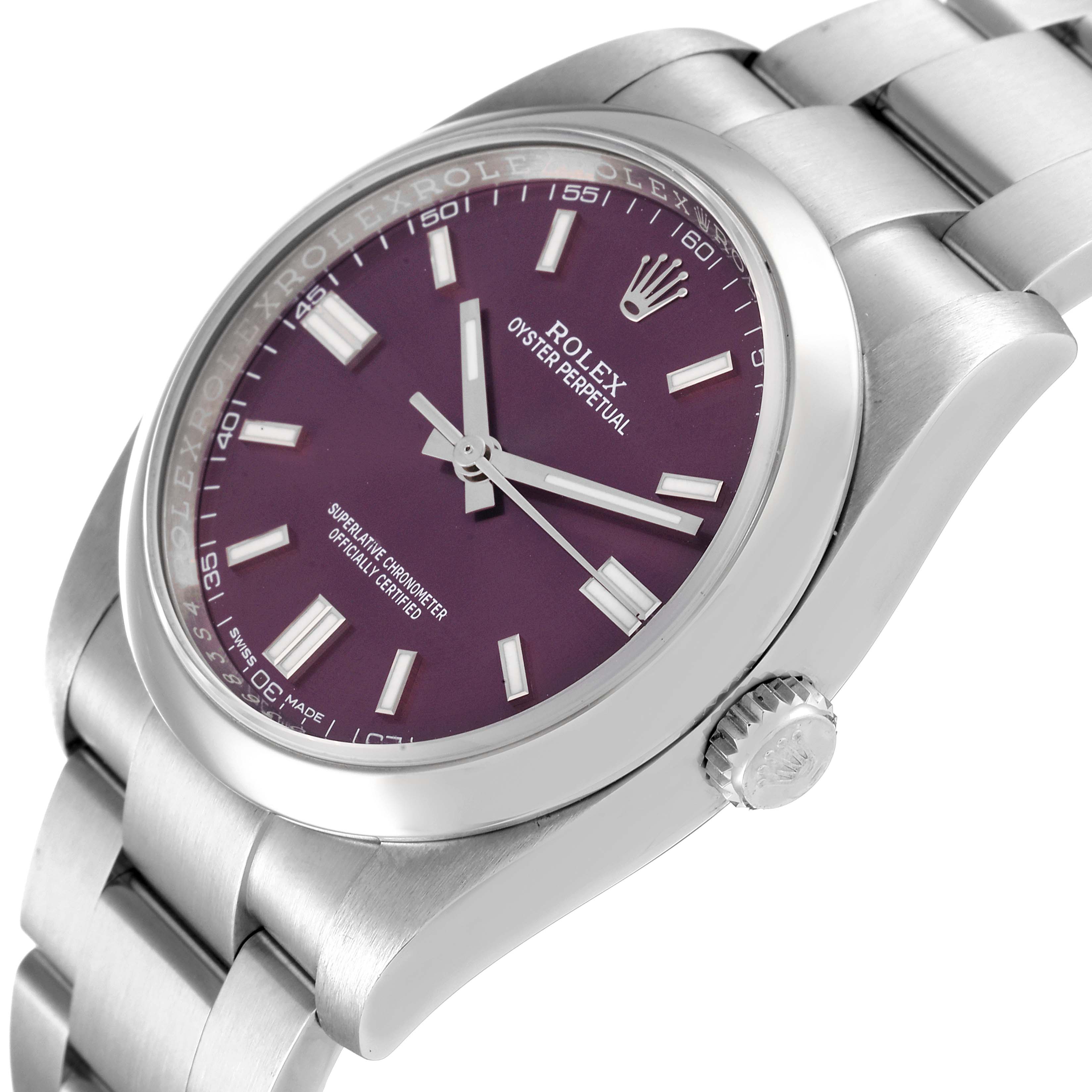 The image shows a side-angle view of the Rolex Oyster Perpetual 116000 Men's Stainless Steel Burgundy Dial 116000 Men's Stainless Steel Burgundy Dial watch, highlighting the dial, case, crown, and bracelet.