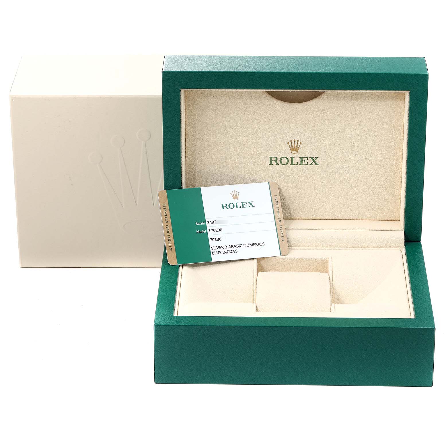 The image shows the packaging and certificate for an Oyster Perpetual Rolex watch, with an open green watch case and an authenticity card.