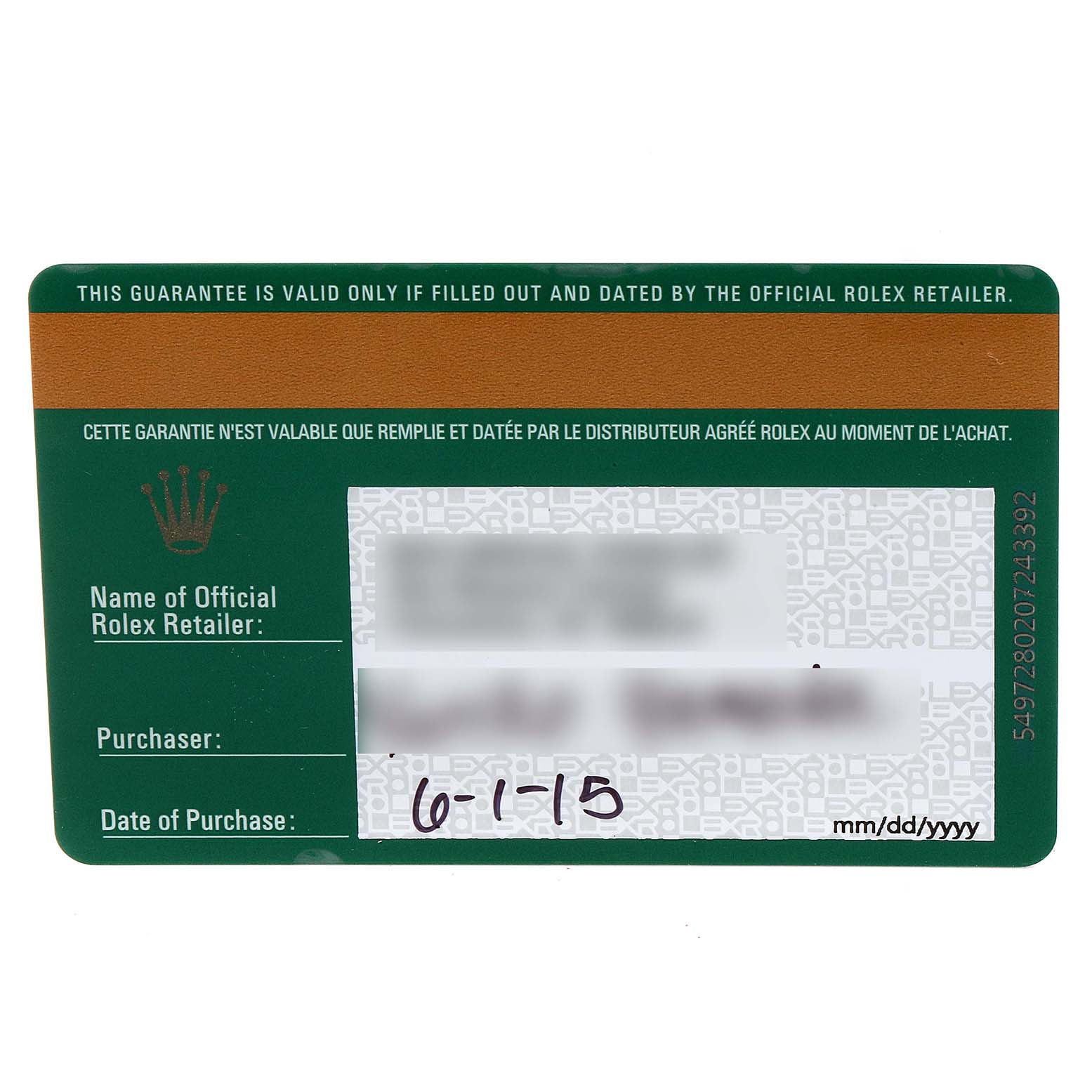 This image shows the guarantee card for a Rolex Oyster Perpetual 176200 Women's Stainless Steel Silver Dial 176200 Women's Stainless Steel Silver Dial watch, detailing purchase and retailer information.