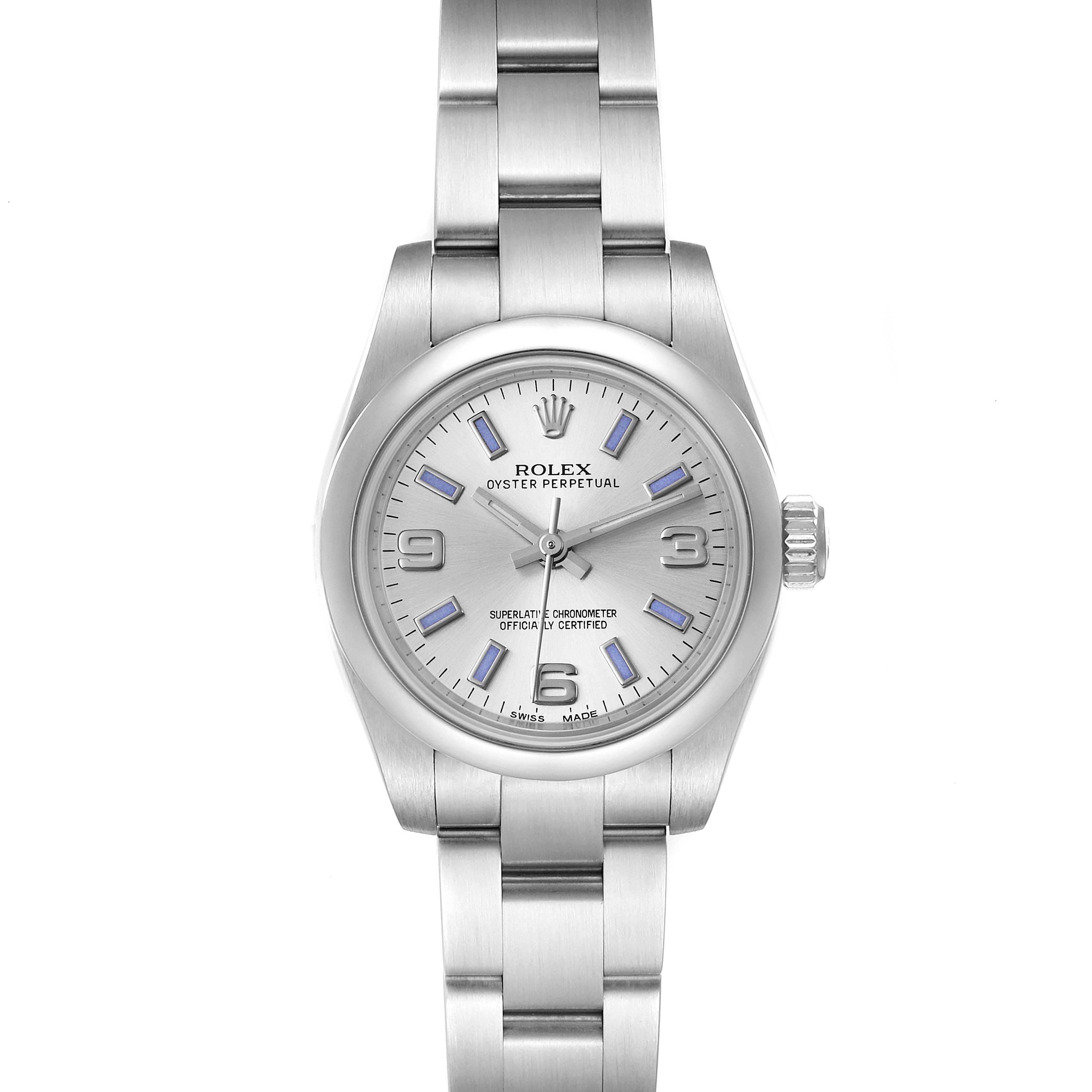 This image shows a front view of a Rolex Oyster Perpetual 176200 Women's Stainless Steel Silver Dial 176200 Women's Stainless Steel Silver Dial watch, including the face, hour markers, hands, and bracelet.