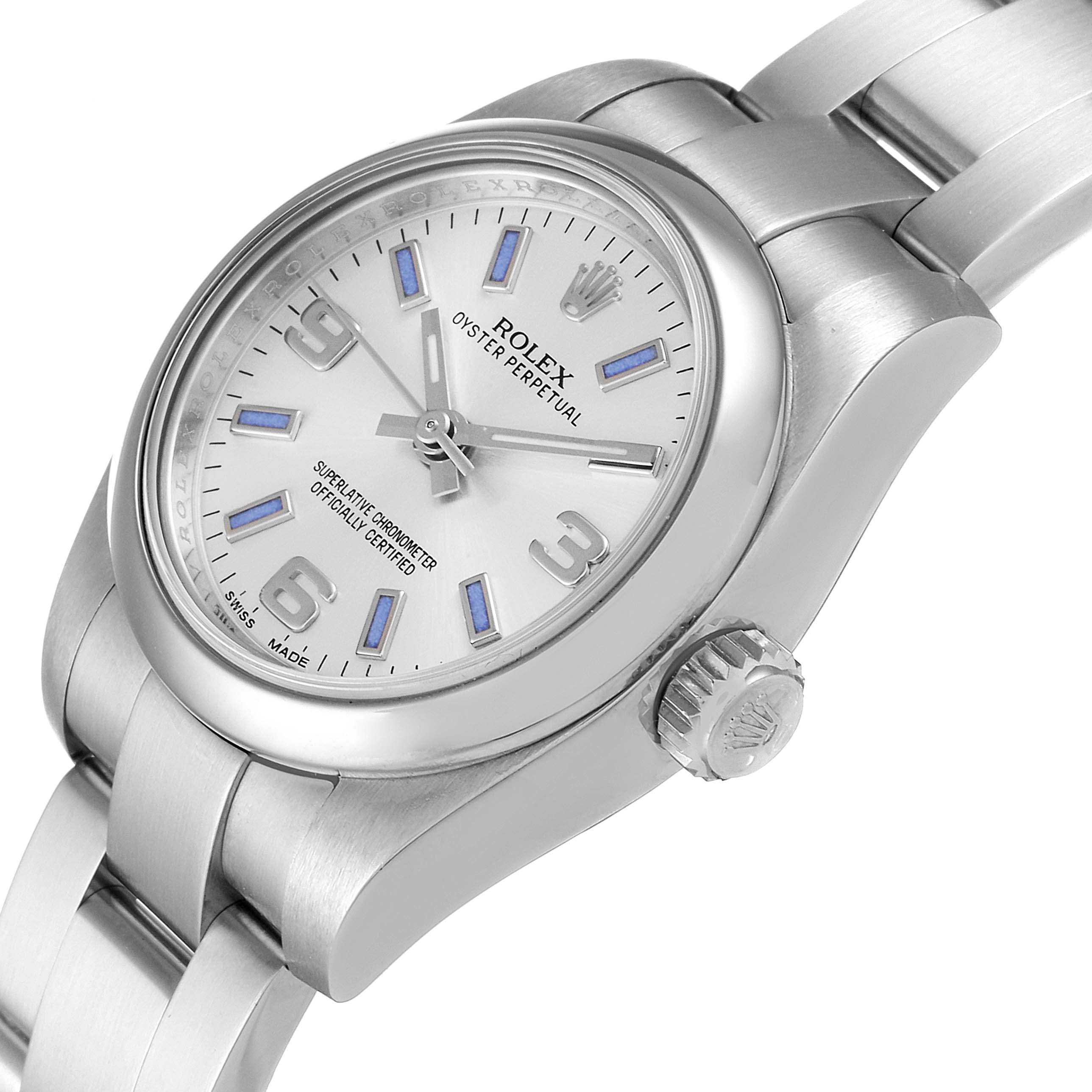 The image shows a Rolex Oyster Perpetual 176200 Women's Stainless Steel Silver Dial 176200 Women's Stainless Steel Silver Dial watch from a slightly angled side view highlighting its crown and part of the bracelet.