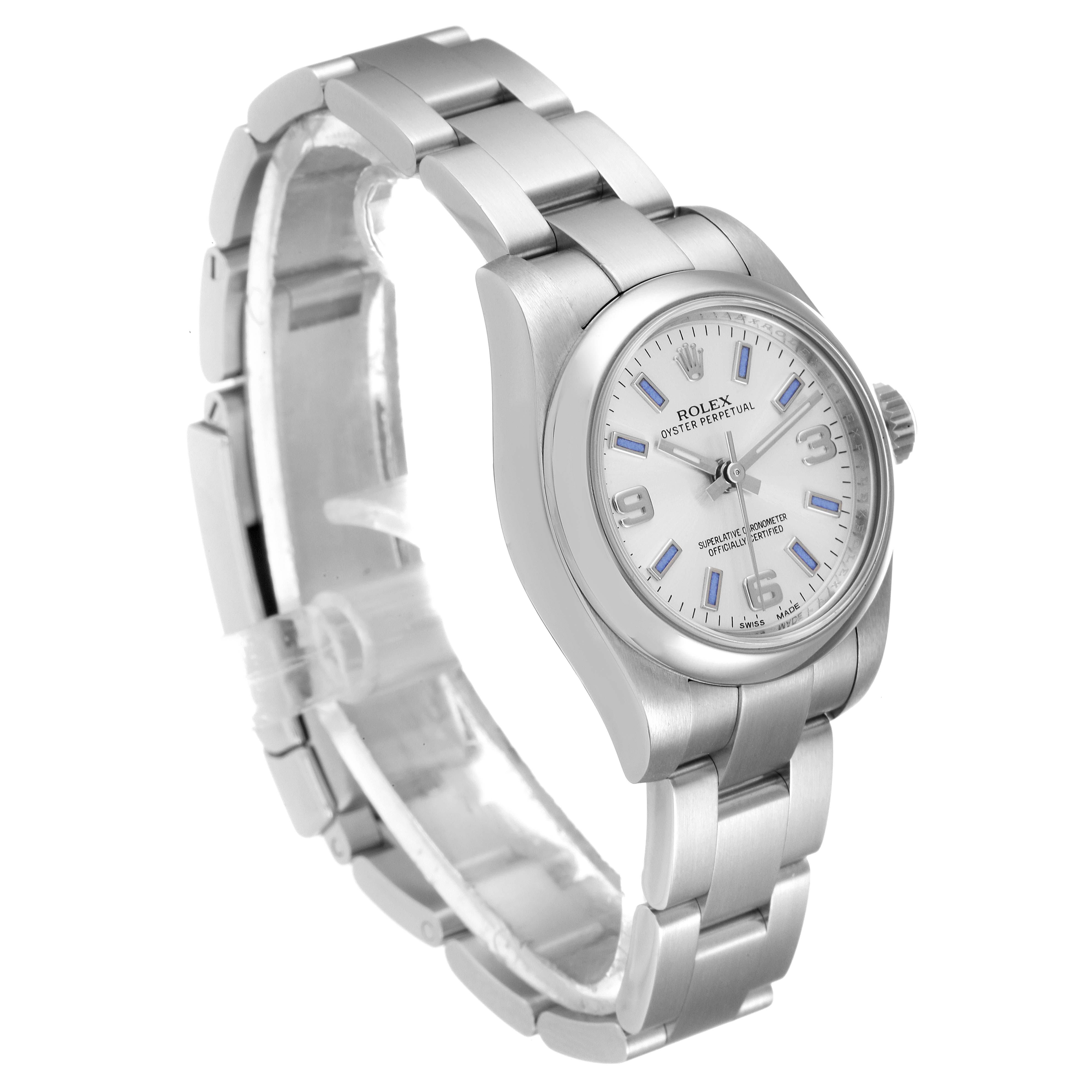 The Rolex Oyster Perpetual 176200 Women's Stainless Steel Silver Dial 176200 Women's Stainless Steel Silver Dial watch is shown at a 3/4 angle, displaying the face, bezel, and bracelet.