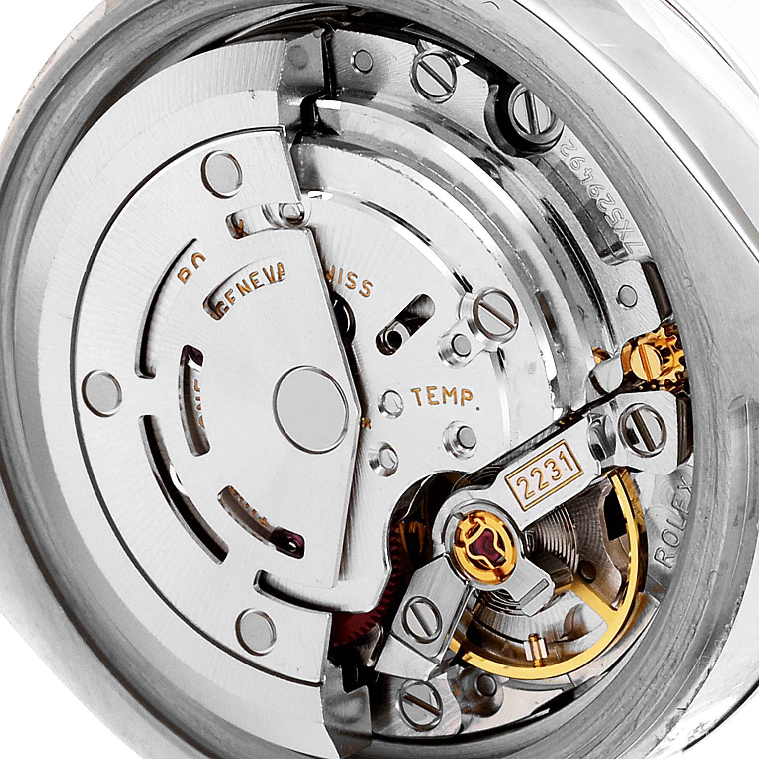This image shows the internal mechanism of a Rolex Oyster Perpetual 176200 Women's Stainless Steel Silver Dial 176200 Women's Stainless Steel Silver Dial watch, focusing on its intricate movement components.