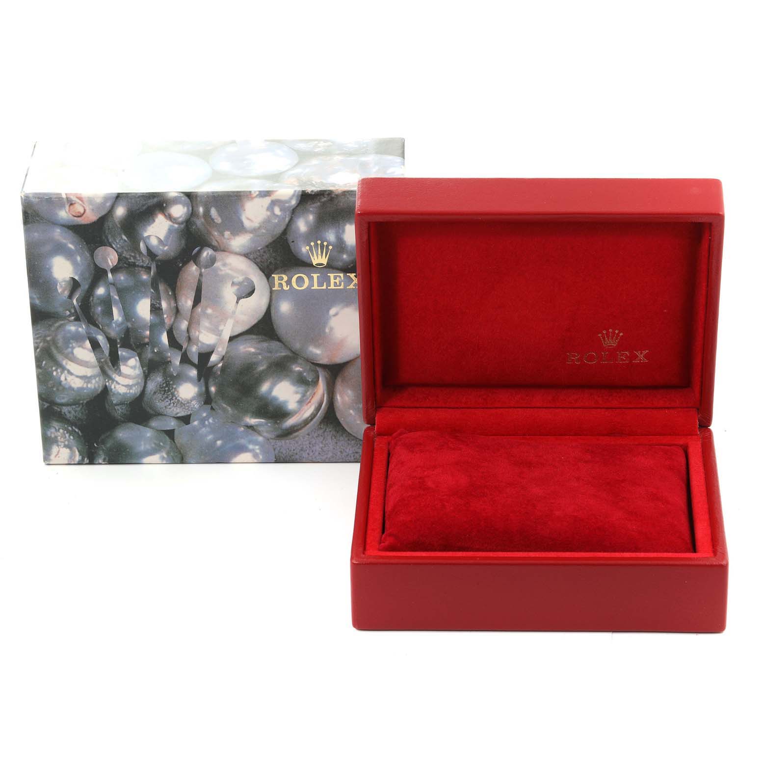 The image shows a Rolex Oyster Perpetual 76080 Women
s Stainless Steel Pink Dial 76080 Women
s Stainless Steel Pink Dial watch box and packaging, with the box displayed open.