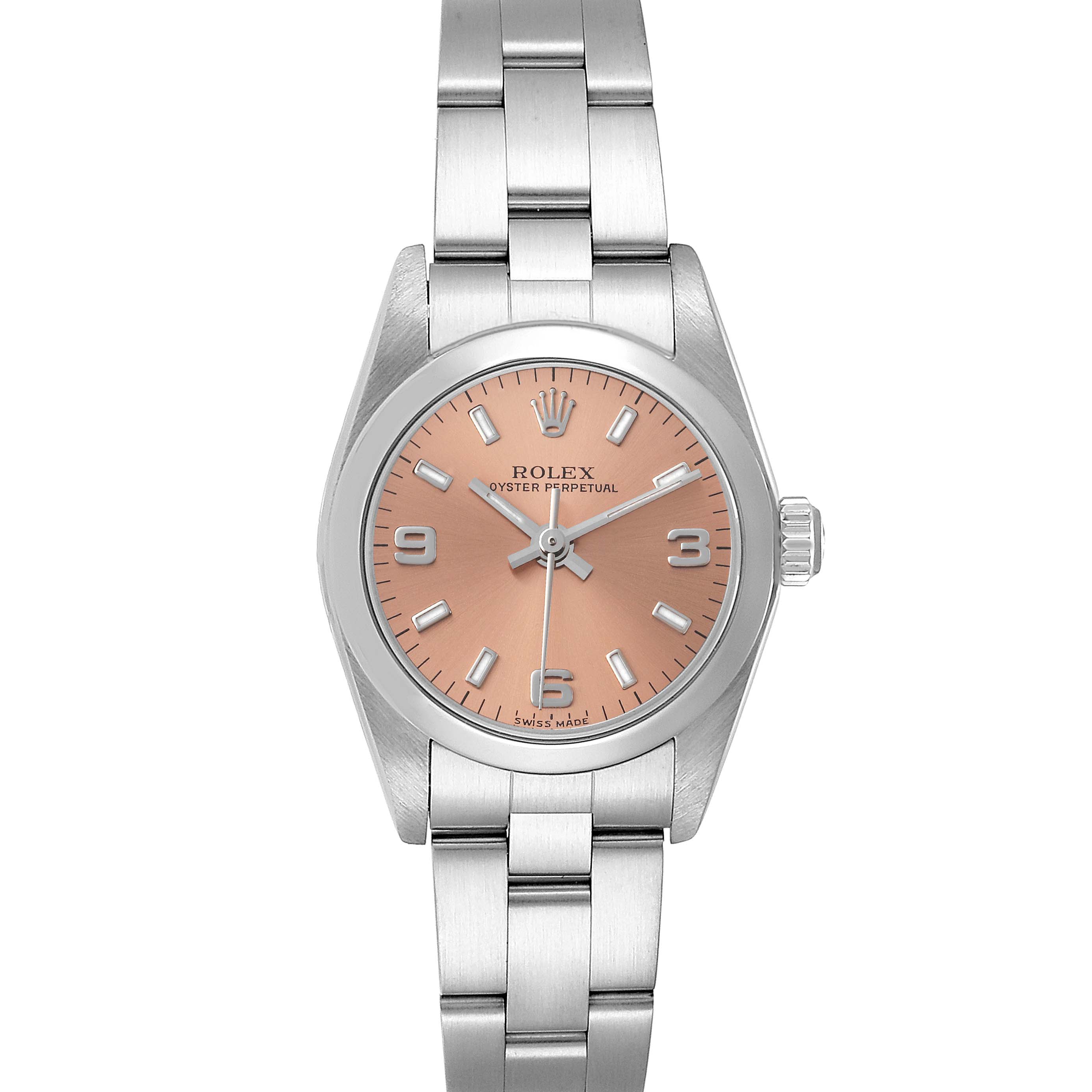 The image shows a frontal view of the Rolex Oyster Perpetual 76080 Women
s Stainless Steel Pink Dial 76080 Women
s Stainless Steel Pink Dial watch displaying its peach-colored dial and stainless steel bracelet.