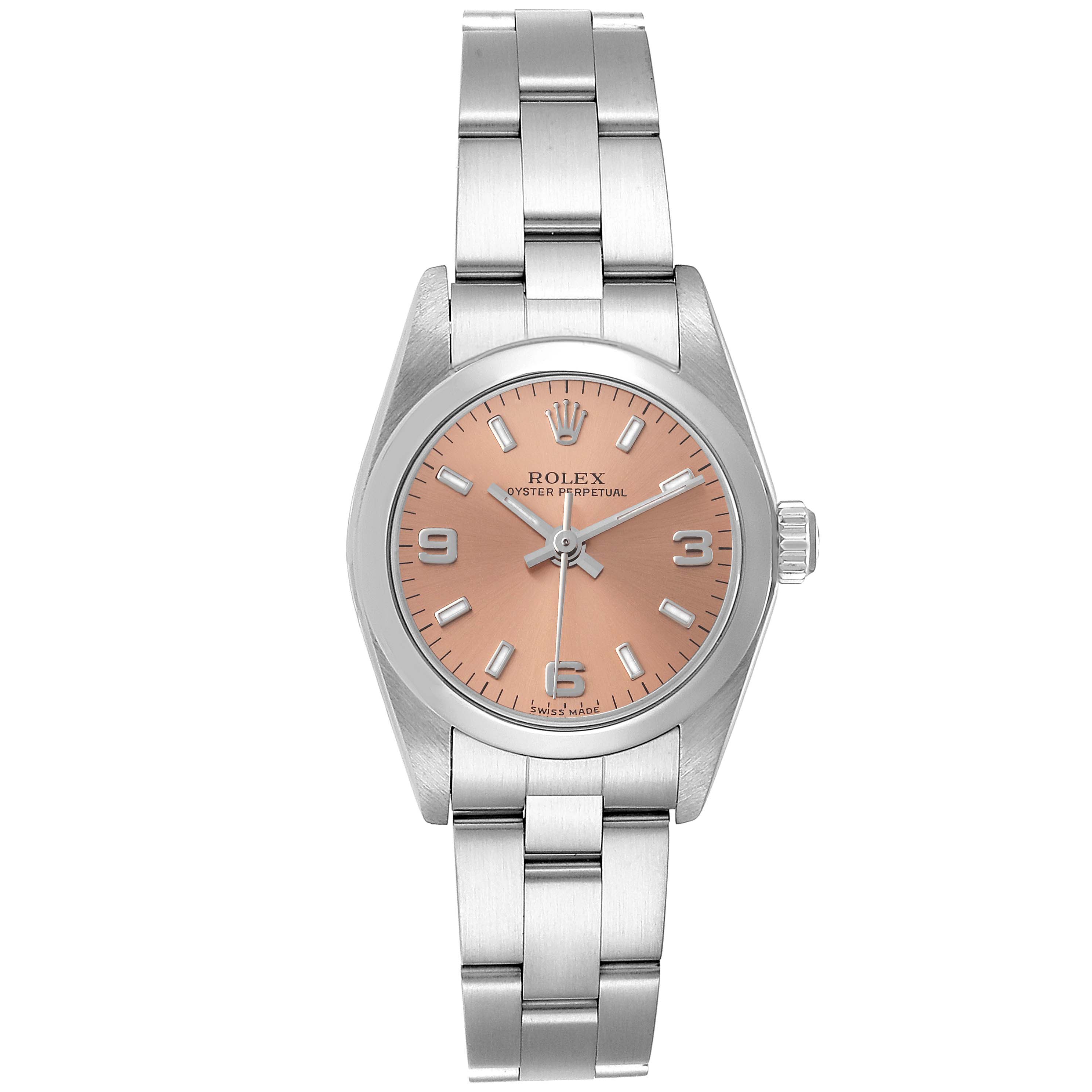 The image shows a front view of a Rolex Oyster Perpetual 76080 Women
s Stainless Steel Pink Dial 76080 Women
s Stainless Steel Pink Dial watch featuring a pink dial and a stainless steel band.