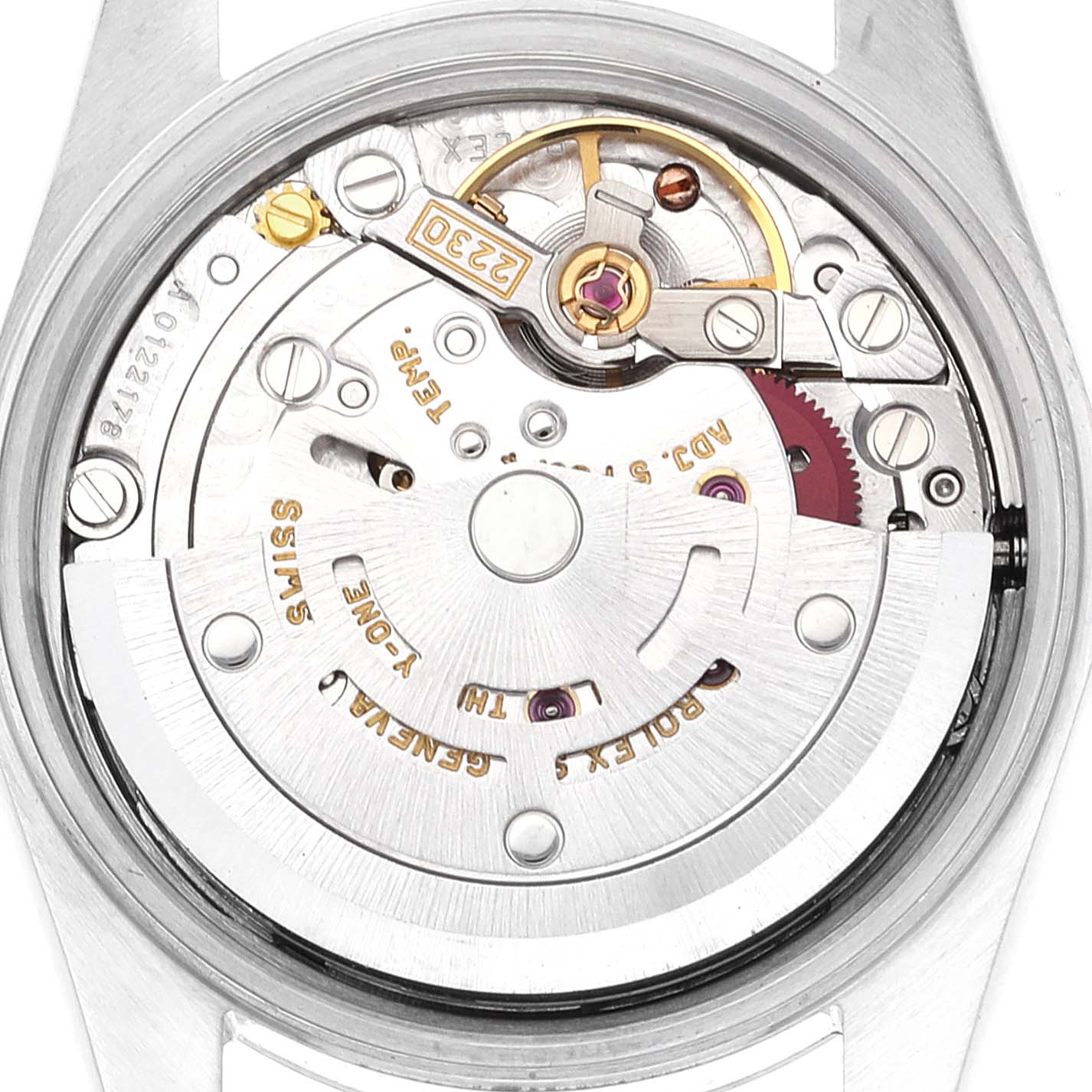 This image shows the internal mechanical movement of a Rolex Oyster Perpetual 76080 Women
s Stainless Steel Pink Dial 76080 Women
s Stainless Steel Pink Dial watch from a top-down angle.