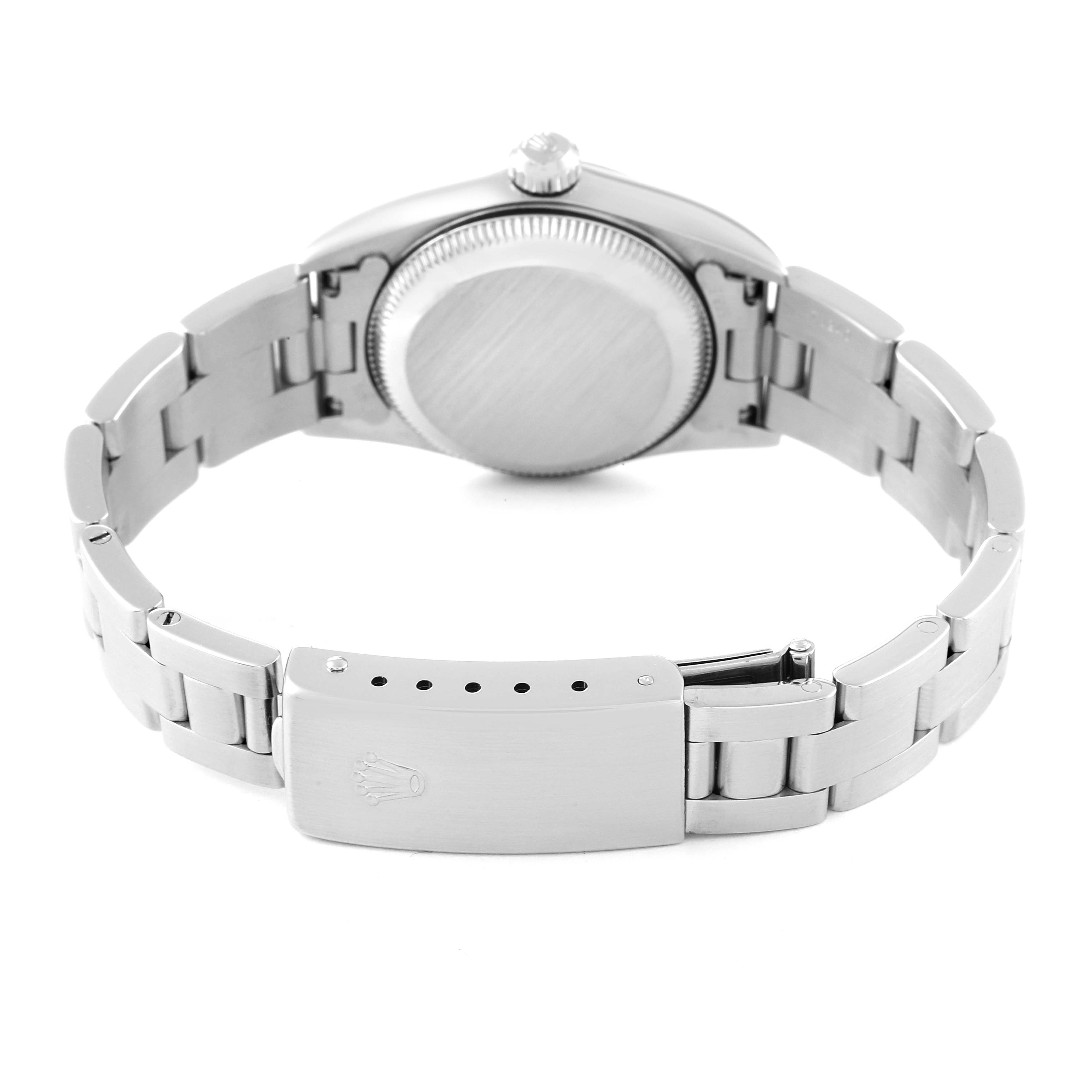 This image shows the back side of a Rolex Oyster Perpetual 76080 Women
s Stainless Steel Pink Dial 76080 Women
s Stainless Steel Pink Dial watch, focusing on the case back and the bracelet clasp.