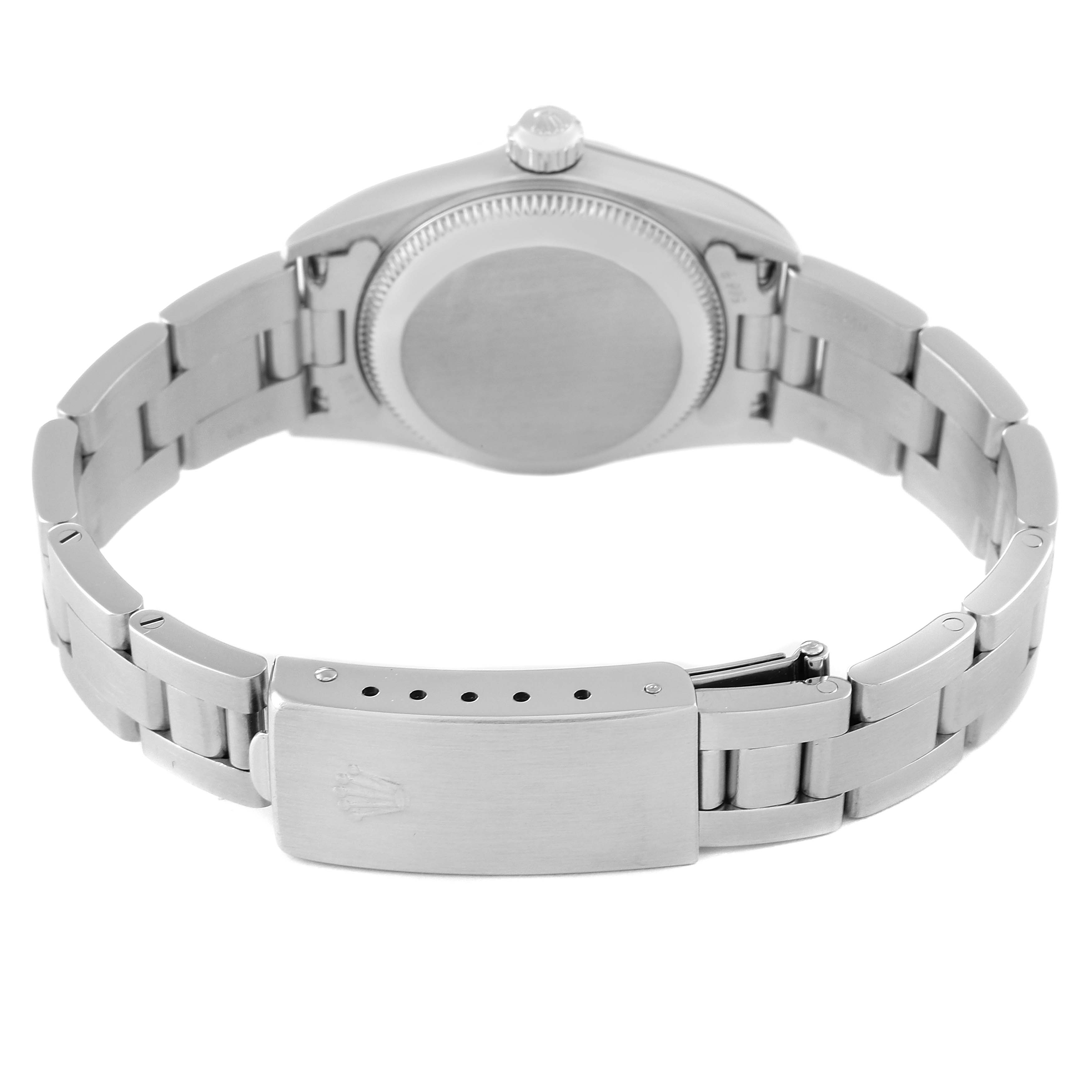 The image shows the back view of a Rolex Oyster Perpetual 76080 Women
s Stainless Steel Pink Dial 76080 Women
s Stainless Steel Pink Dial watch with its bracelet and clasp fully visible.