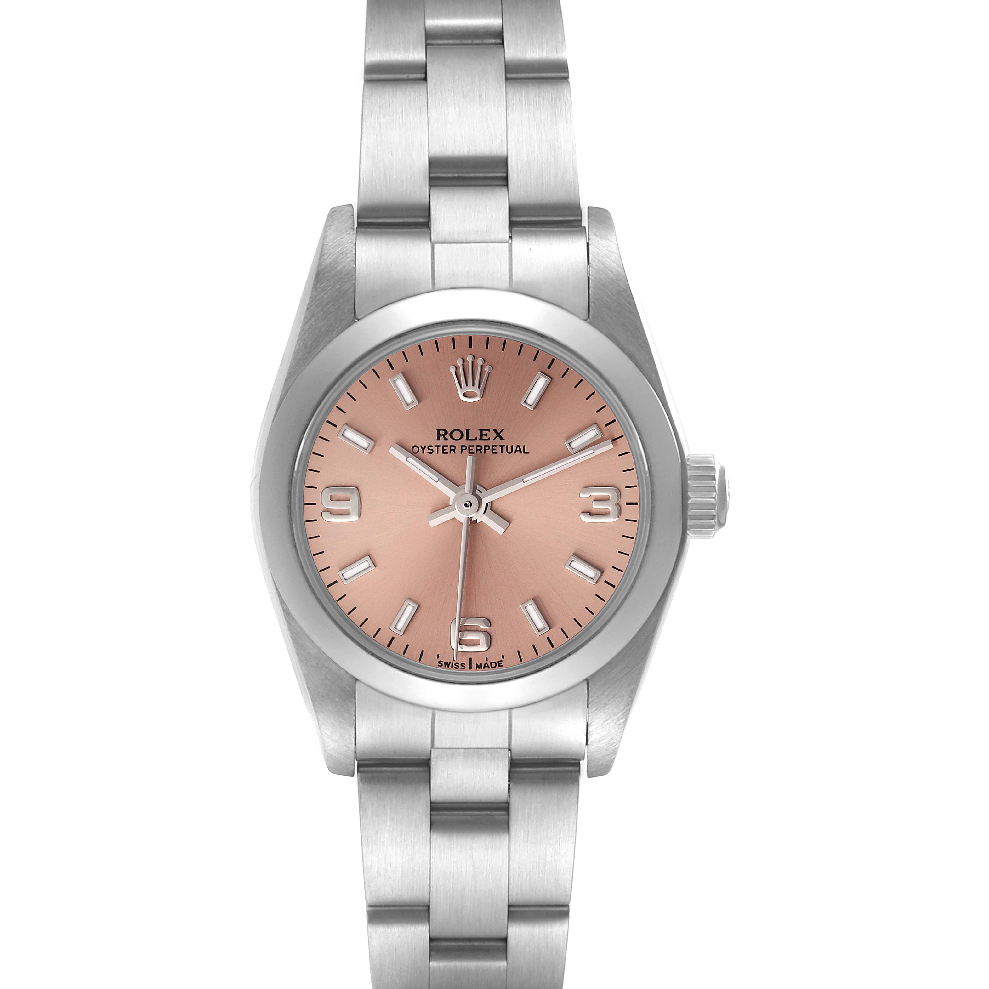The image shows a front view of a Rolex Oyster Perpetual 76080 Women
s Stainless Steel Pink Dial 76080 Women
s Stainless Steel Pink Dial watch, displaying the dial, hands, and bracelet.