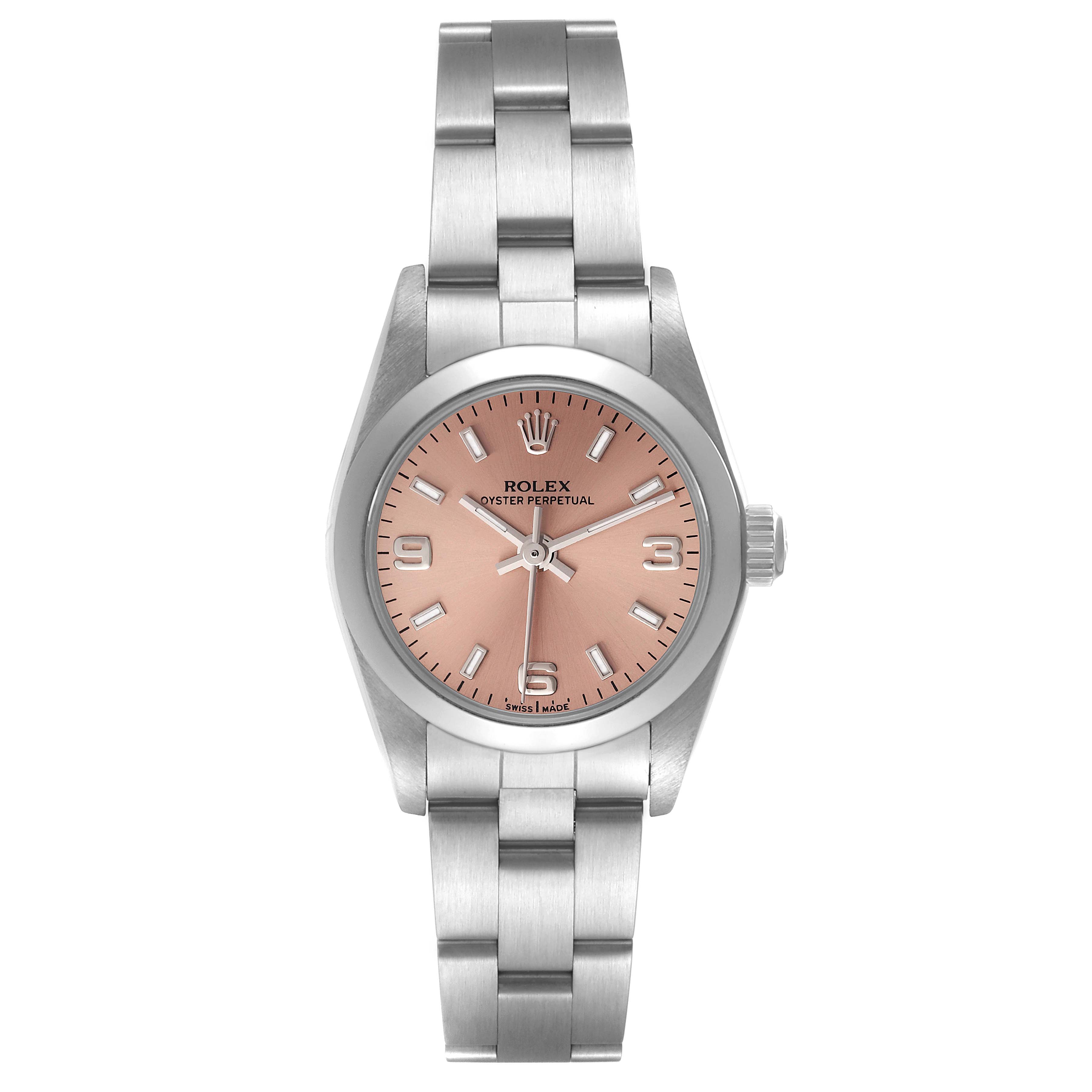 This image shows a Rolex Oyster Perpetual 76080 Women
s Stainless Steel Pink Dial 76080 Women
s Stainless Steel Pink Dial watch from a front angle highlighting the dial and bracelet.