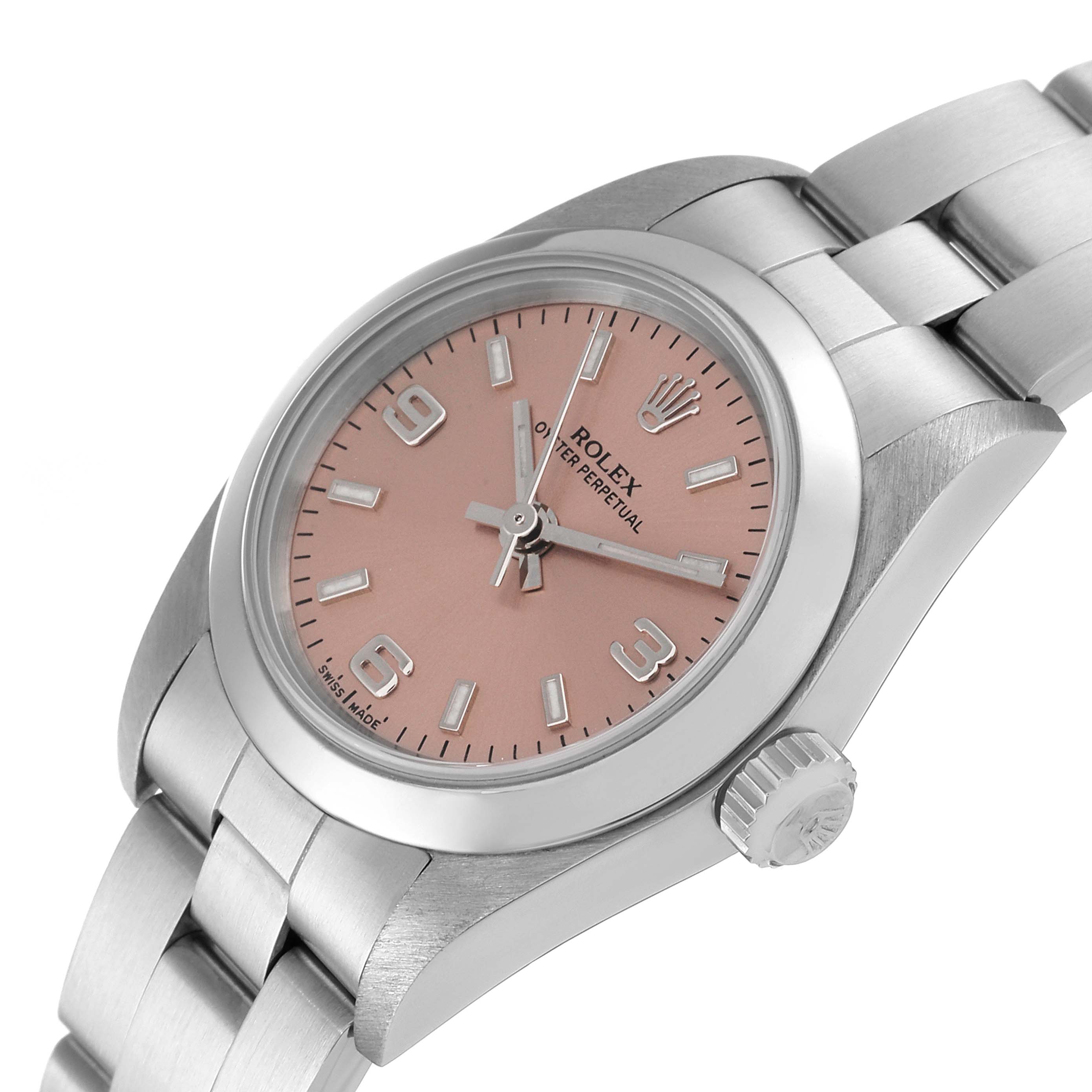 The image shows a Rolex Oyster Perpetual 76080 Women
s Stainless Steel Pink Dial 76080 Women
s Stainless Steel Pink Dial watch at a slight angle, displaying the dial, case, bracelet, and crown.