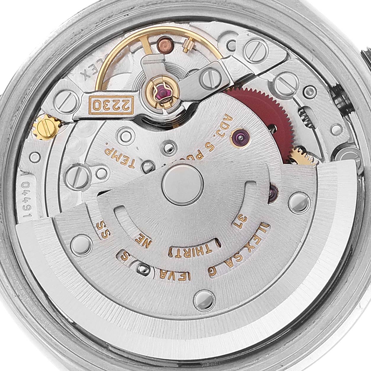 This is a close-up image of the internal movement mechanism of a Rolex Oyster Perpetual 76080 Women
s Stainless Steel Pink Dial 76080 Women
s Stainless Steel Pink Dial watch.