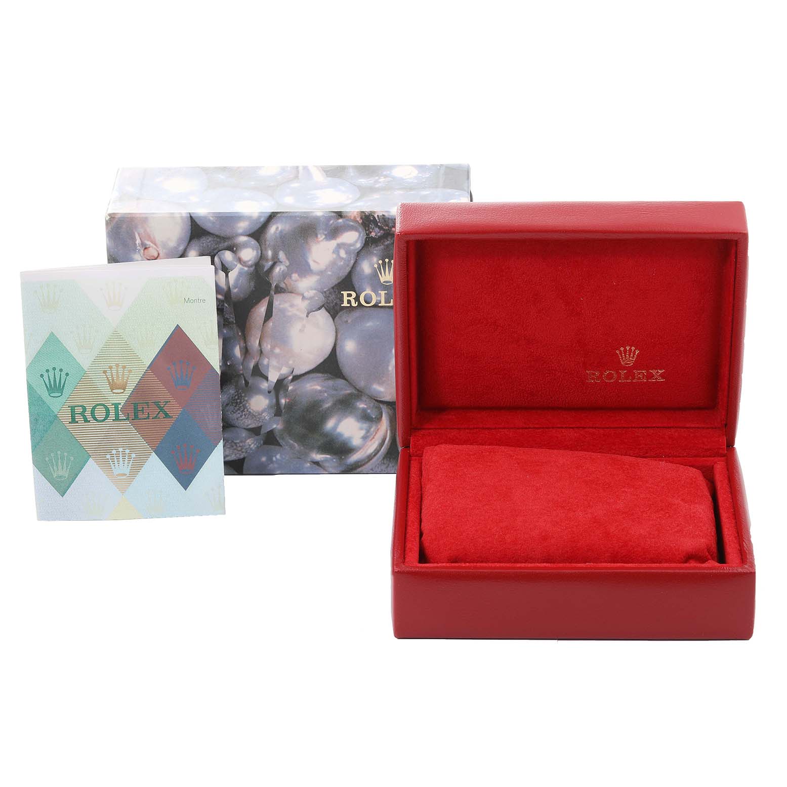 The image shows the box, pillow insert, and user guide for the Rolex Oyster Perpetual 76080 Women
s Stainless Steel Pink Dial 76080 Women
s Stainless Steel Pink Dial watch.