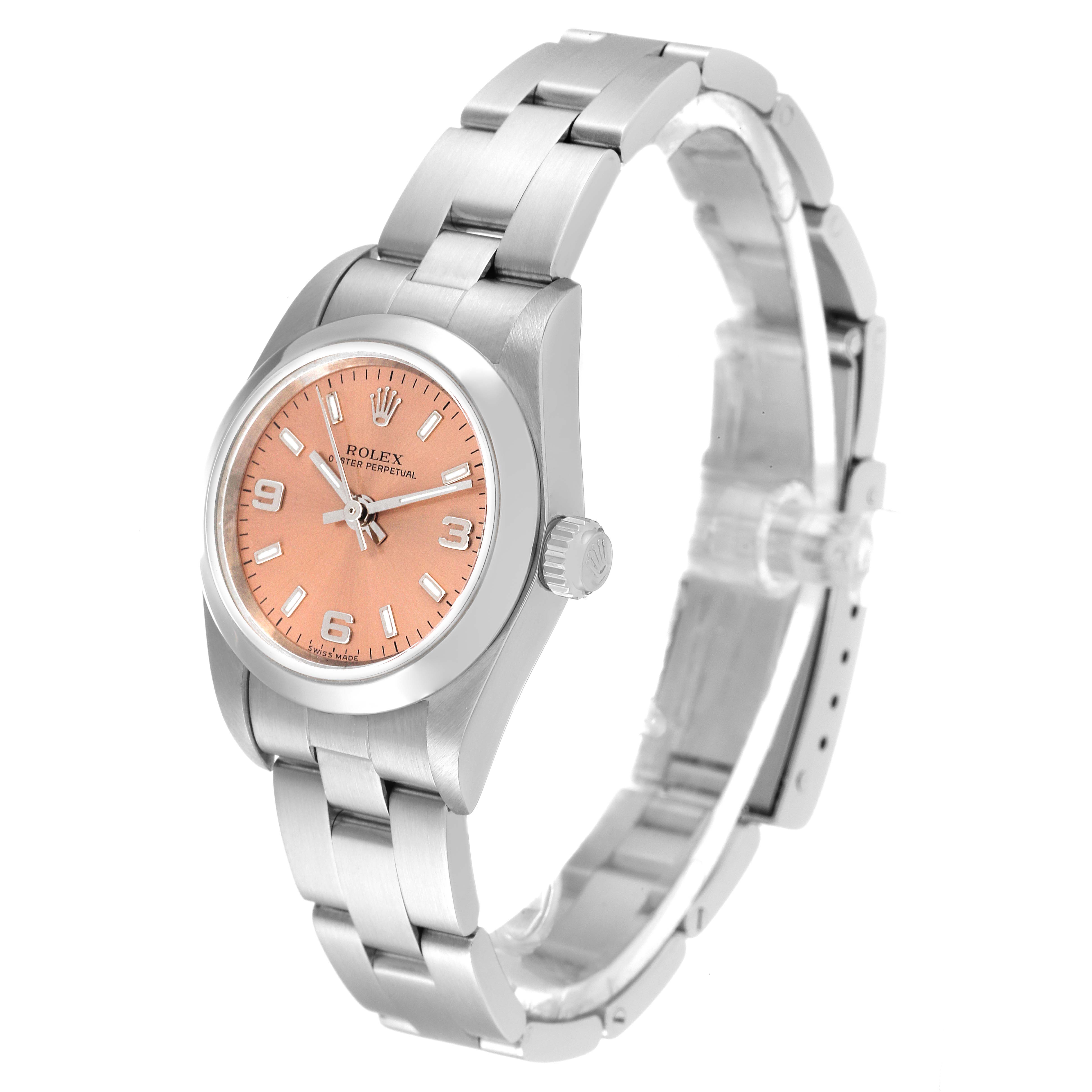 The Rolex Oyster Perpetual 76080 Women
s Stainless Steel Pink Dial 76080 Women
s Stainless Steel Pink Dial watch is shown at a three-quarter angle, displaying its bracelet, case, and dial.