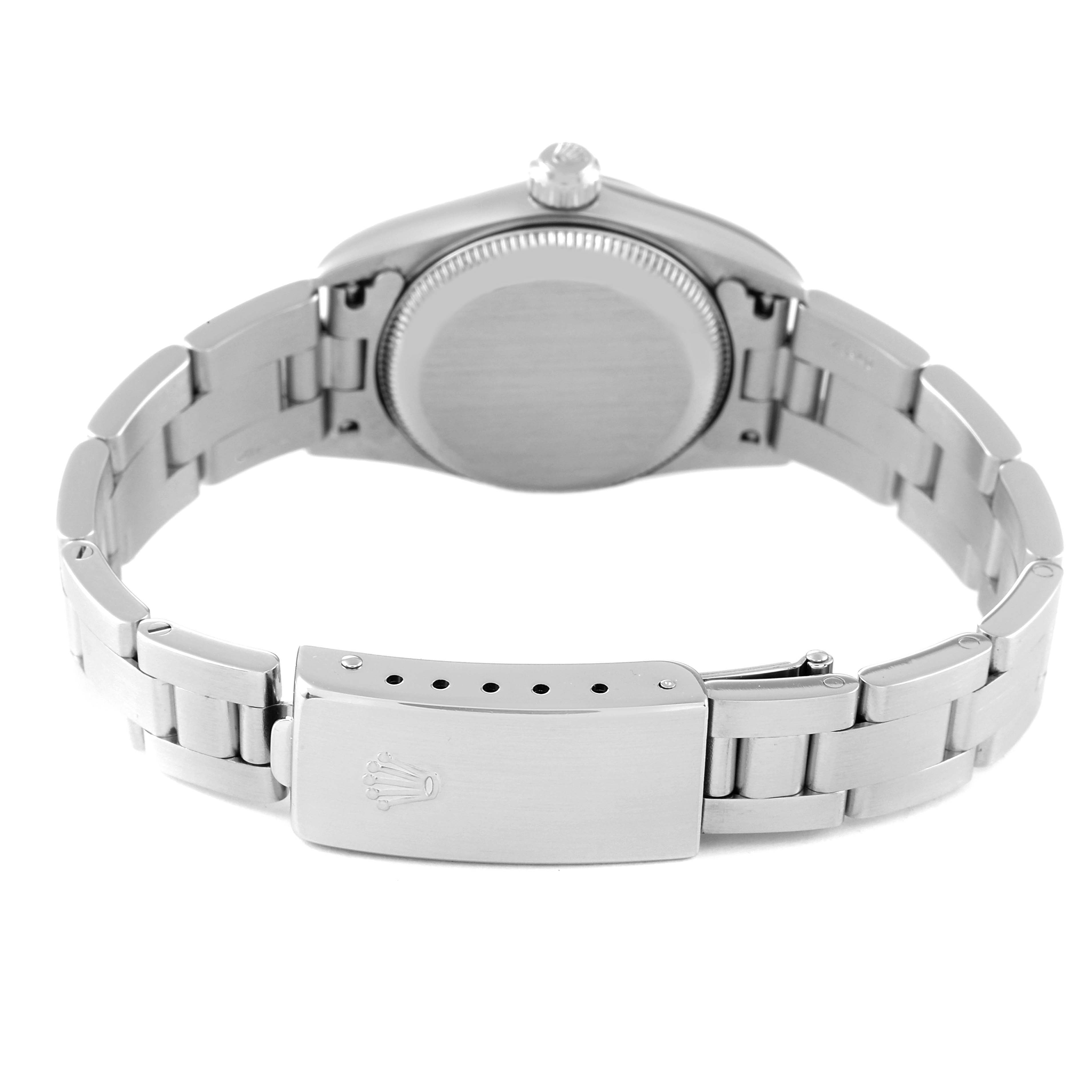 This image shows the underside of a Rolex Oyster Perpetual 76080 Women
s Stainless Steel Pink Dial 76080 Women
s Stainless Steel Pink Dial watch, highlighting the case back, bracelet, and clasp.