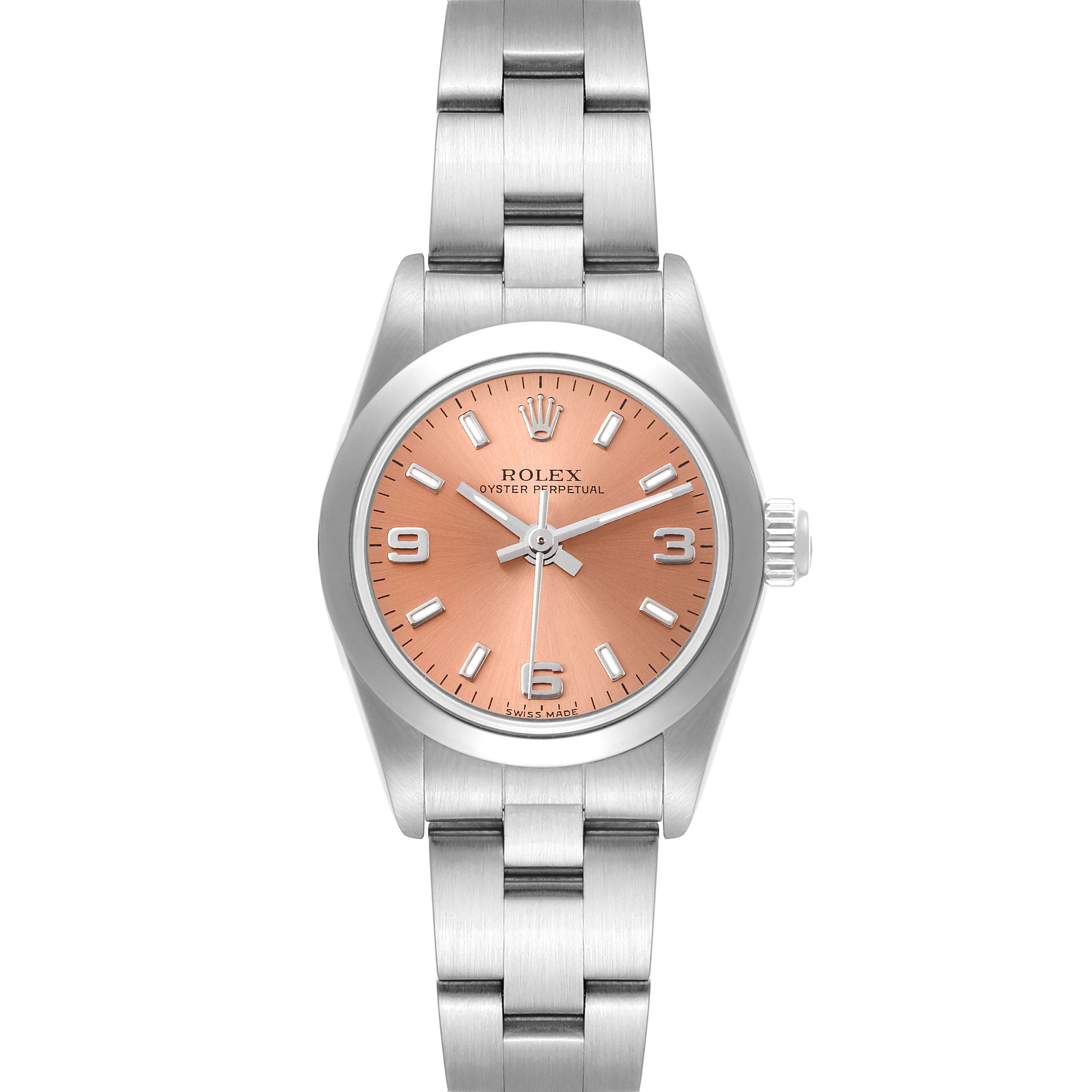 This is a front view of the Rolex Oyster Perpetual 76080 Women
s Stainless Steel Pink Dial 76080 Women
s Stainless Steel Pink Dial watch, showing its face, bezel, and bracelet.