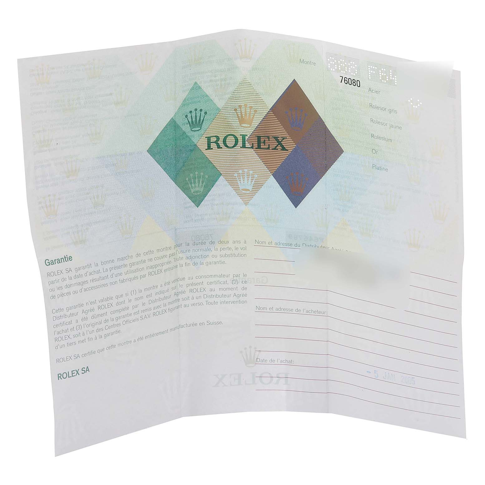 This is a warranty certificate for the Rolex Oyster Perpetual 76080 Women
s Stainless Steel Pink Dial 76080 Women
s Stainless Steel Pink Dial model, showcasing the brand
s details and purchase information fields.