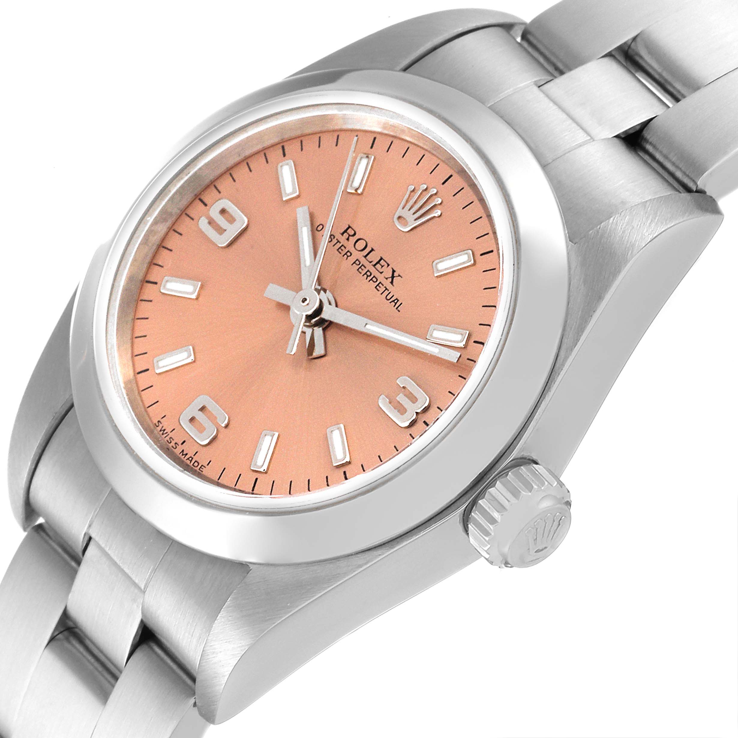 This is a close-up view of a Rolex Oyster Perpetual 76080 Women
s Stainless Steel Pink Dial 76080 Women
s Stainless Steel Pink Dial showing the dial, bezel, crown, and part of the bracelet.