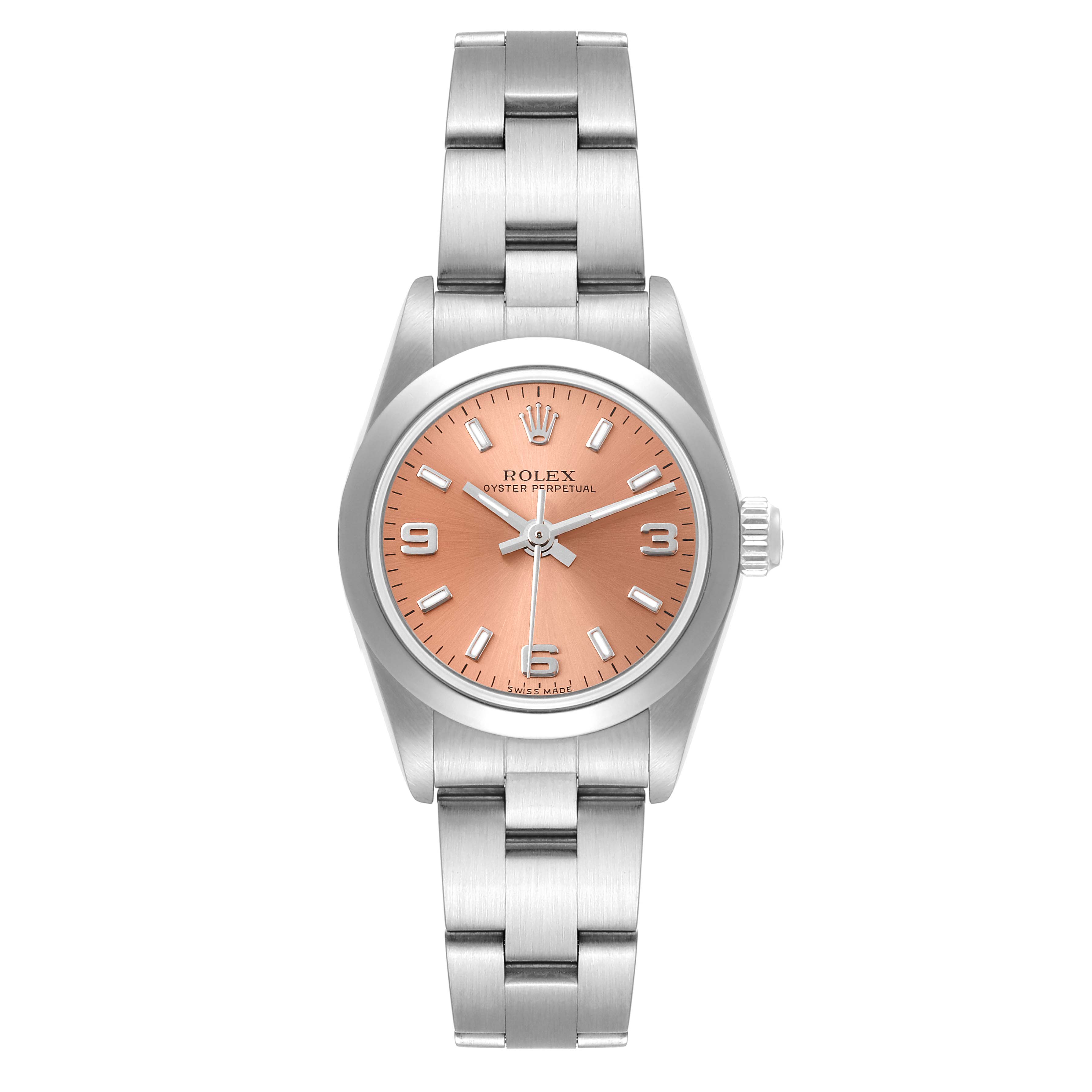 The image shows a front view of a Rolex Oyster Perpetual 76080 Women
s Stainless Steel Pink Dial 76080 Women
s Stainless Steel Pink Dial watch with a silver strap and a pink dial.