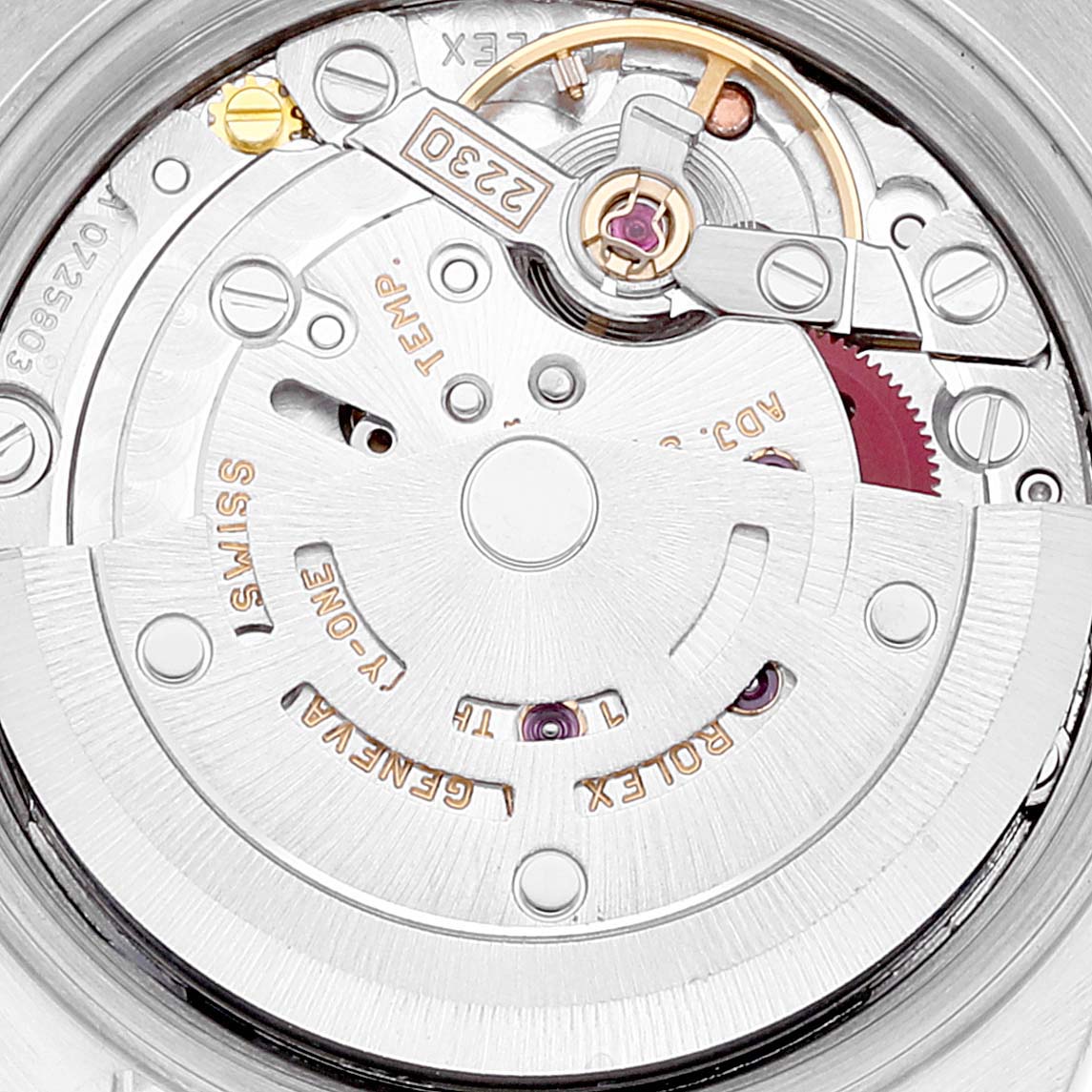This image shows the internal movement mechanism of a Rolex Oyster Perpetual 76080 Women
s Stainless Steel Pink Dial 76080 Women
s Stainless Steel Pink Dial watch.