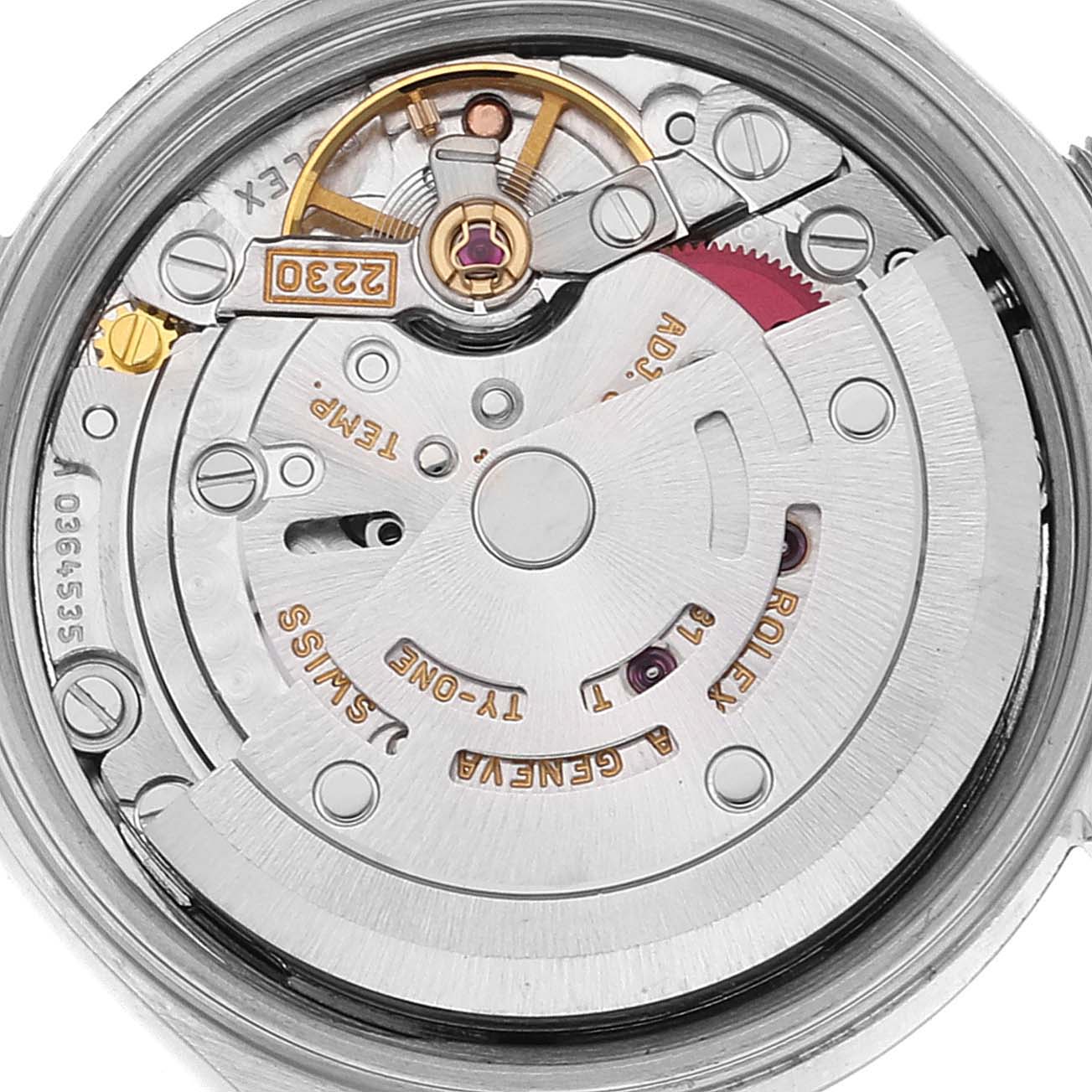 This image shows the inner mechanical workings and movement of a Rolex Oyster Perpetual 76030 Women
s Stainless Steel Pink Dial 76030 Women
s Stainless Steel Pink Dial watch taken from a top-down angle.