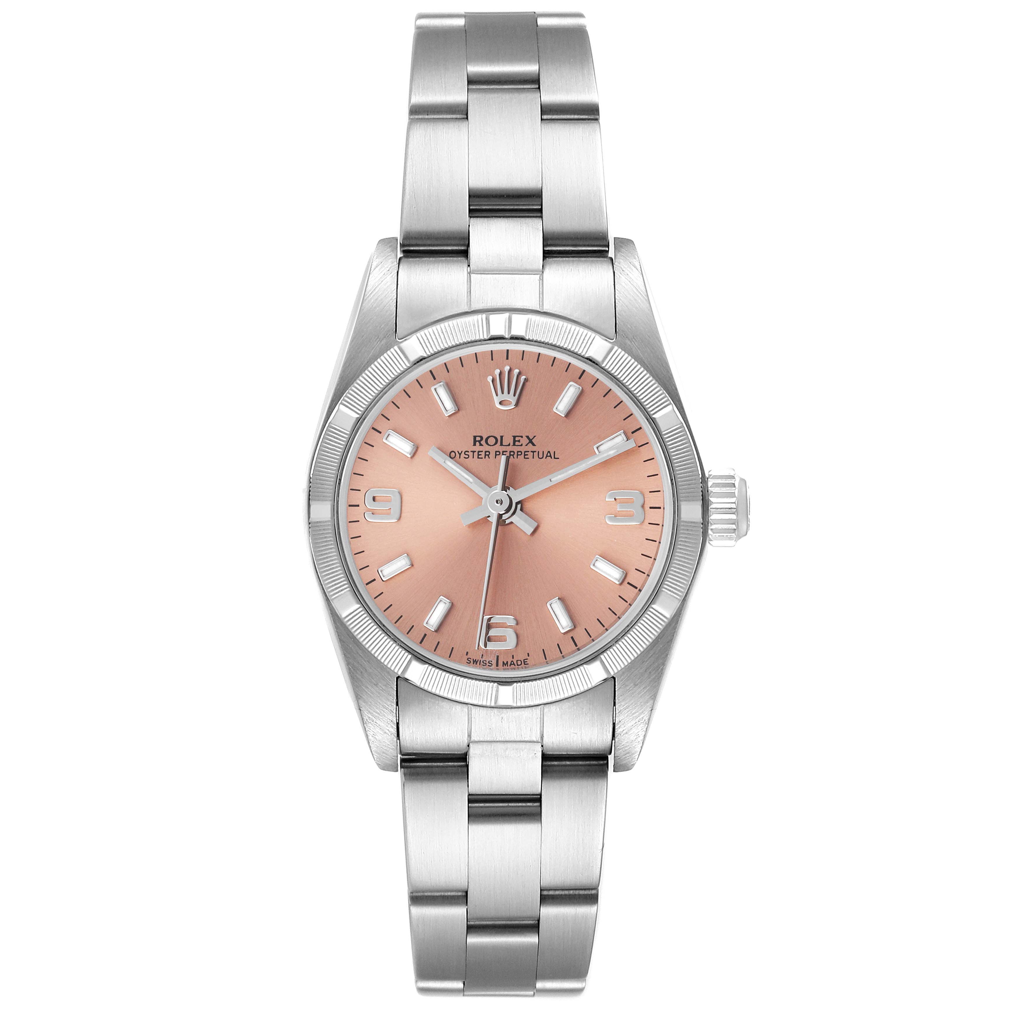 This image shows a frontal view of a Rolex Oyster Perpetual 76030 Women
s Stainless Steel Pink Dial 76030 Women
s Stainless Steel Pink Dial watch, showcasing its face, bezel, and bracelet.