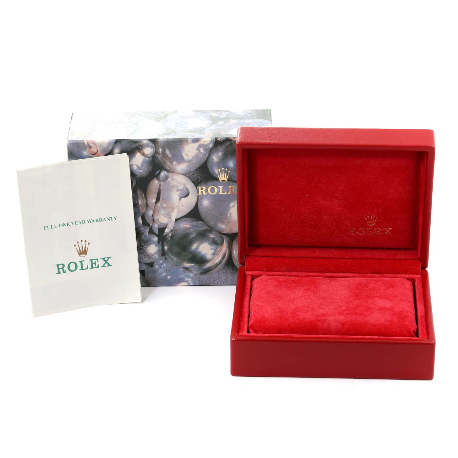 This image shows the box and warranty card of a Rolex Oyster Perpetual 76030 Women
s Stainless Steel Pink Dial 76030 Women
s Stainless Steel Pink Dial watch from a front-facing angle.