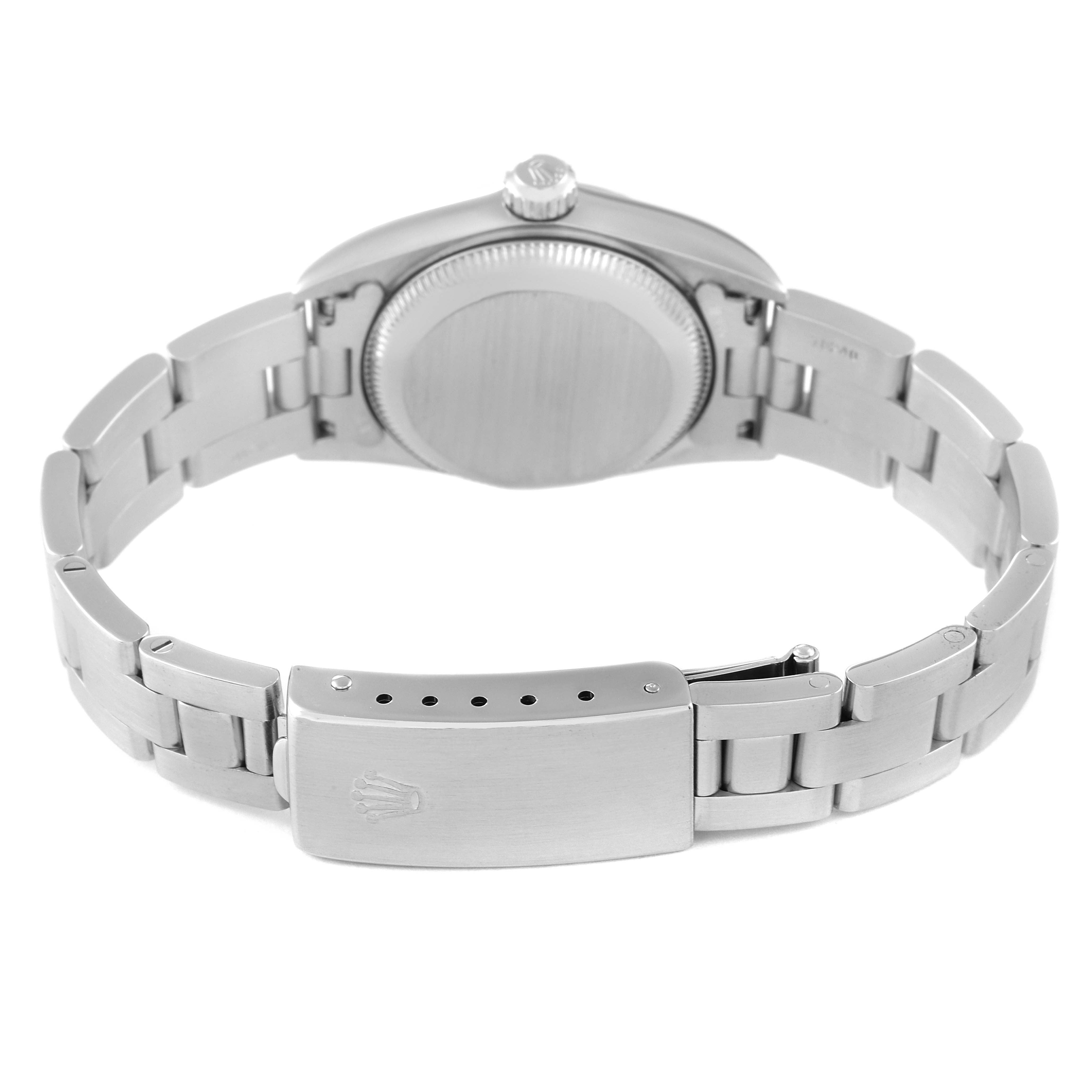 The image shows the back view of a Rolex Oyster Perpetual 76030 Women
s Stainless Steel Pink Dial 76030 Women
s Stainless Steel Pink Dial watch, highlighting the bracelet and clasp.