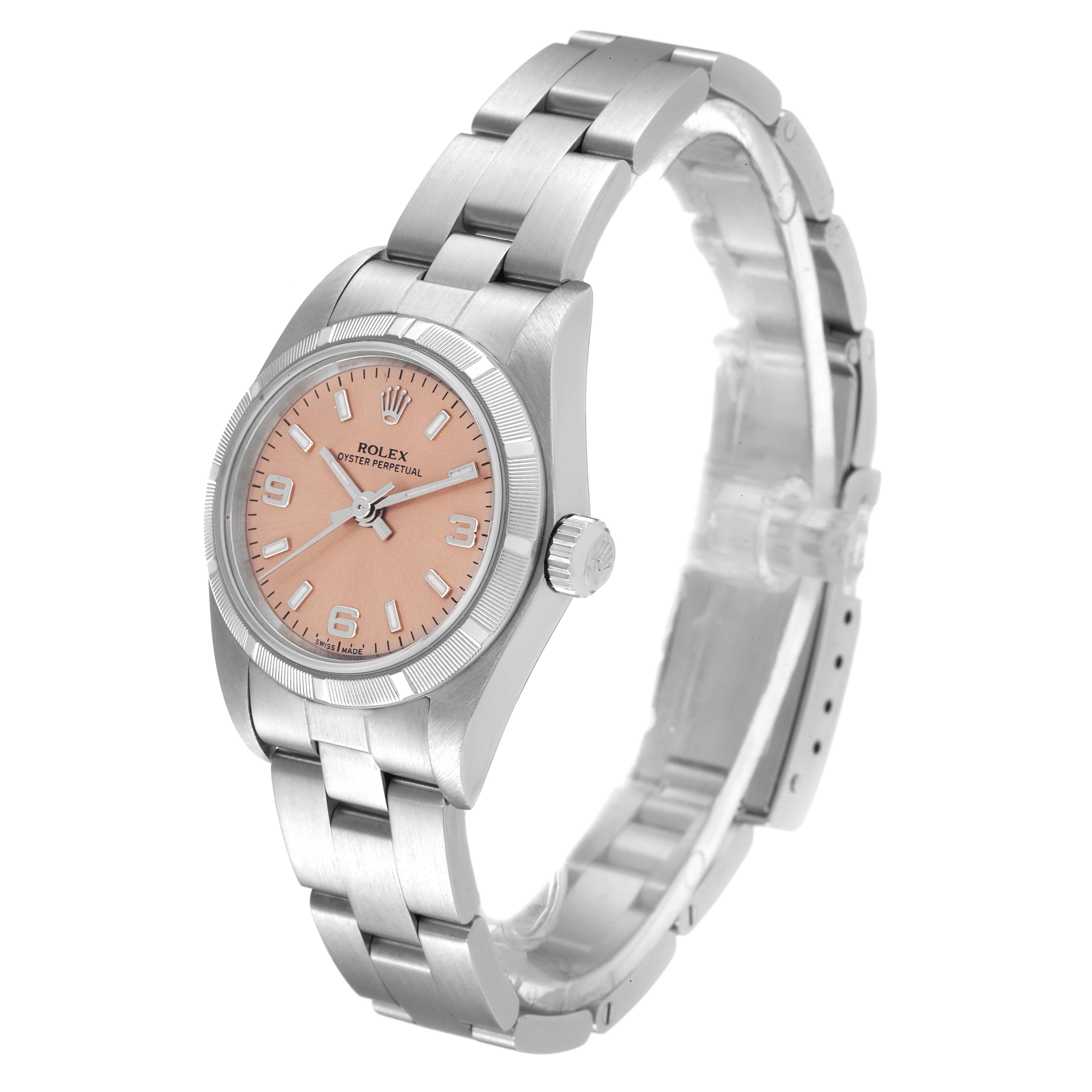 The Rolex Oyster Perpetual 76030 Women
s Stainless Steel Pink Dial 76030 Women
s Stainless Steel Pink Dial watch is shown at a slight angle, displaying the dial, crown, and bracelet.