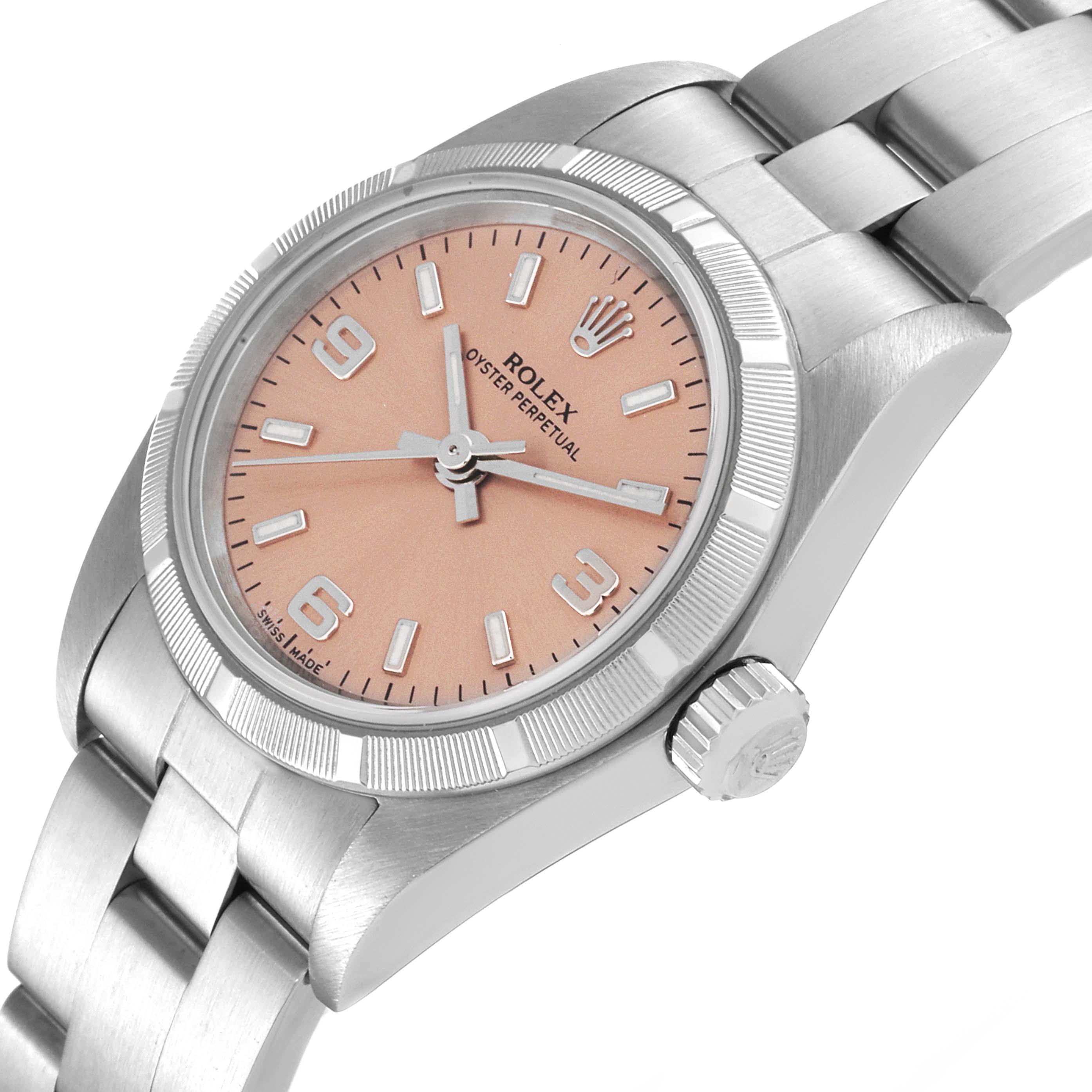 This image shows a close-up, angled view of the face, bezel, and stainless steel bracelet of a Rolex Oyster Perpetual 76030 Women
s Stainless Steel Pink Dial 76030 Women
s Stainless Steel Pink Dial watch.