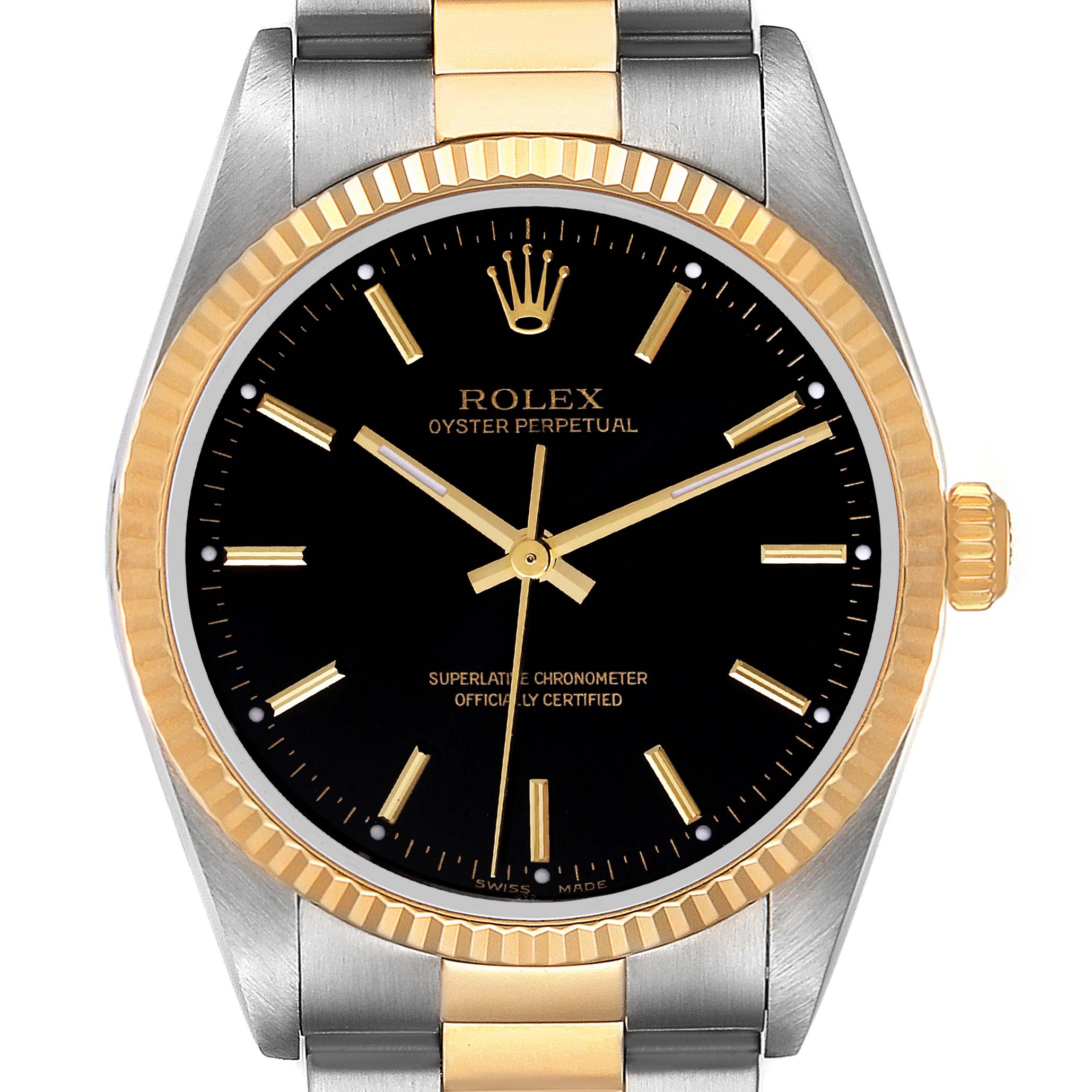 This image shows a Rolex Oyster Perpetual 14233 Men's Steel and Gold (two tone) Black Dial 14233 Men's Steel and Gold (two tone) Black Dial model watch with a frontal view highlighting its gold bezel and black dial.