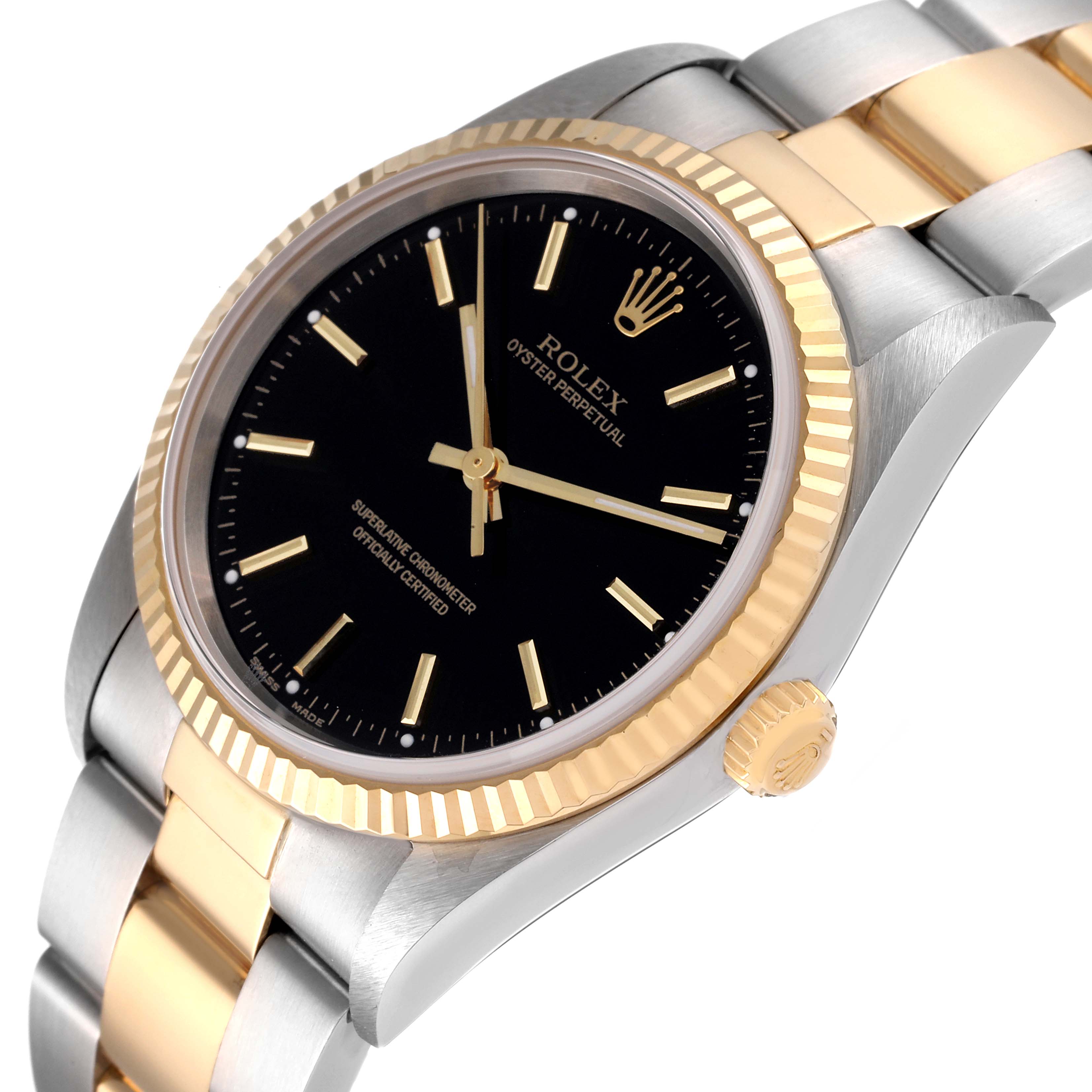The Rolex Oyster Perpetual 14233 Men's Steel and Gold (two tone) Black Dial 14233 Men's Steel and Gold (two tone) Black Dial watch is shown at an angle displaying the black dial, gold bezel, crown, and partially the bracelet.