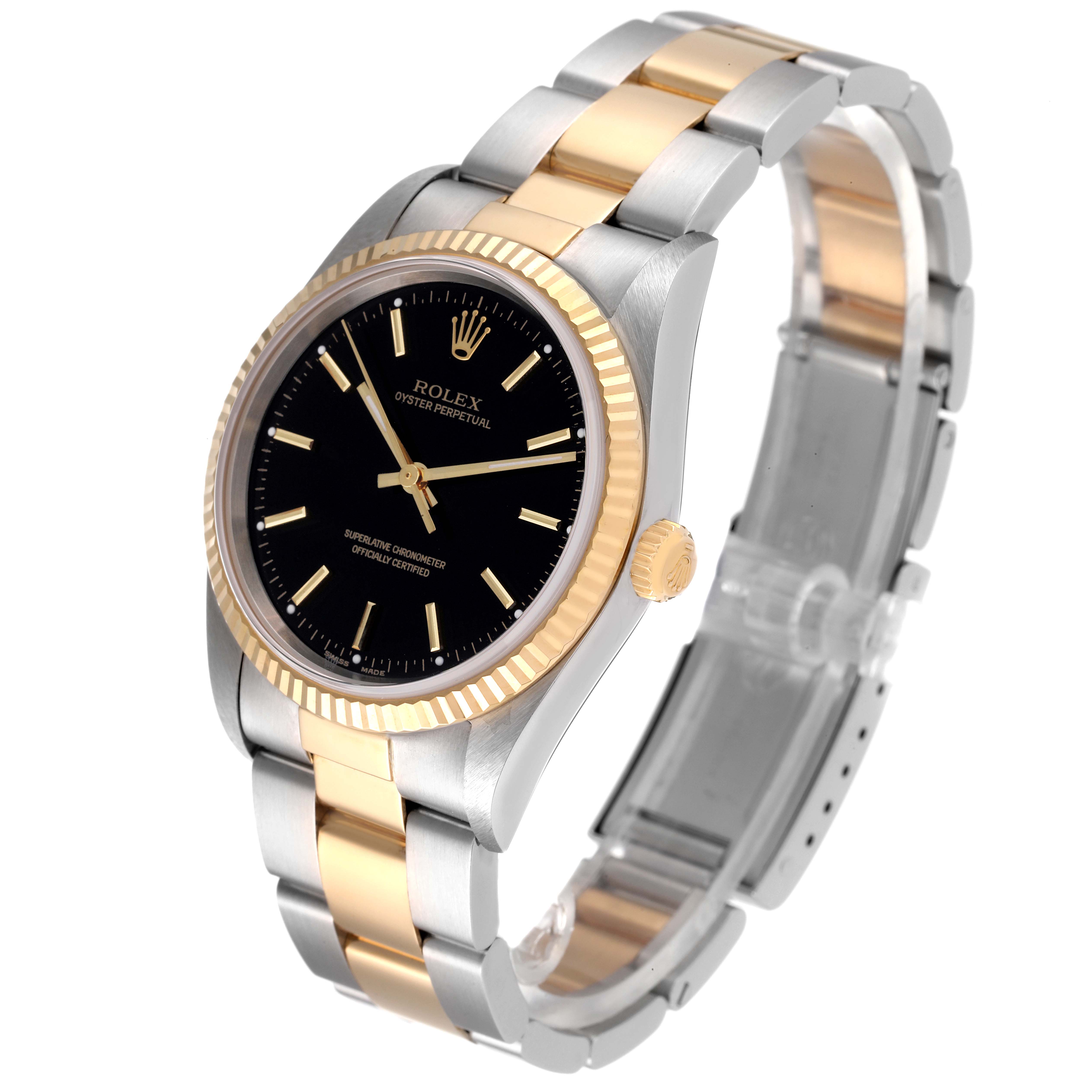 This image shows a side and front view of a Rolex Oyster Perpetual 14233 Men's Steel and Gold (two tone) Black Dial 14233 Men's Steel and Gold (two tone) Black Dial watch, highlighting its black dial, gold fluted bezel, and two-tone band.