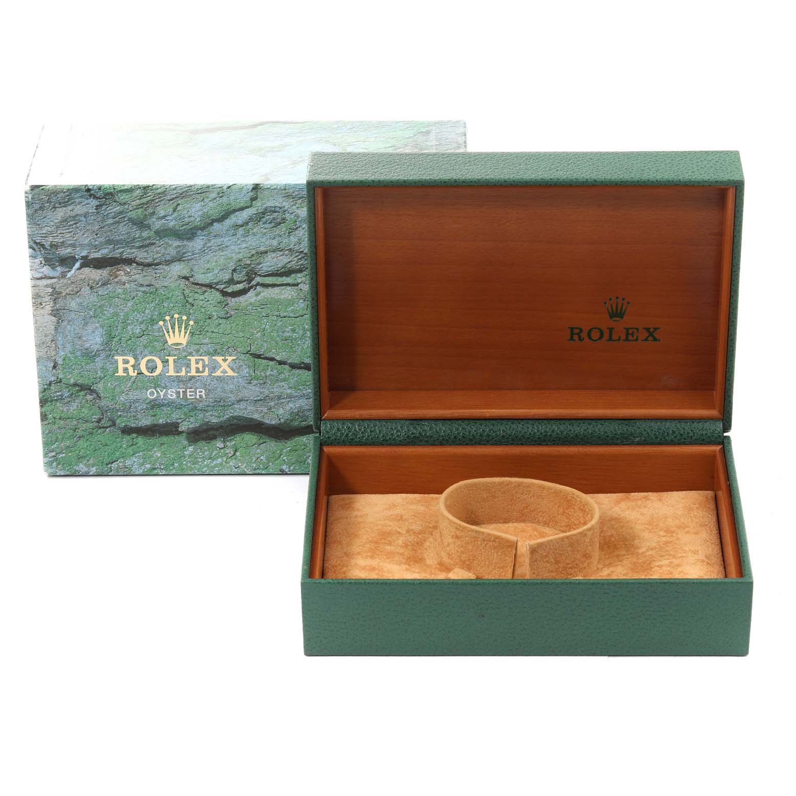 The image shows an open Rolex Oyster Perpetual 14233 Men's Steel and Gold (two tone) Black Dial 14233 Men's Steel and Gold (two tone) Black Dial watch box with the lid hinged open, revealing the interior lining and cushion for the watch.