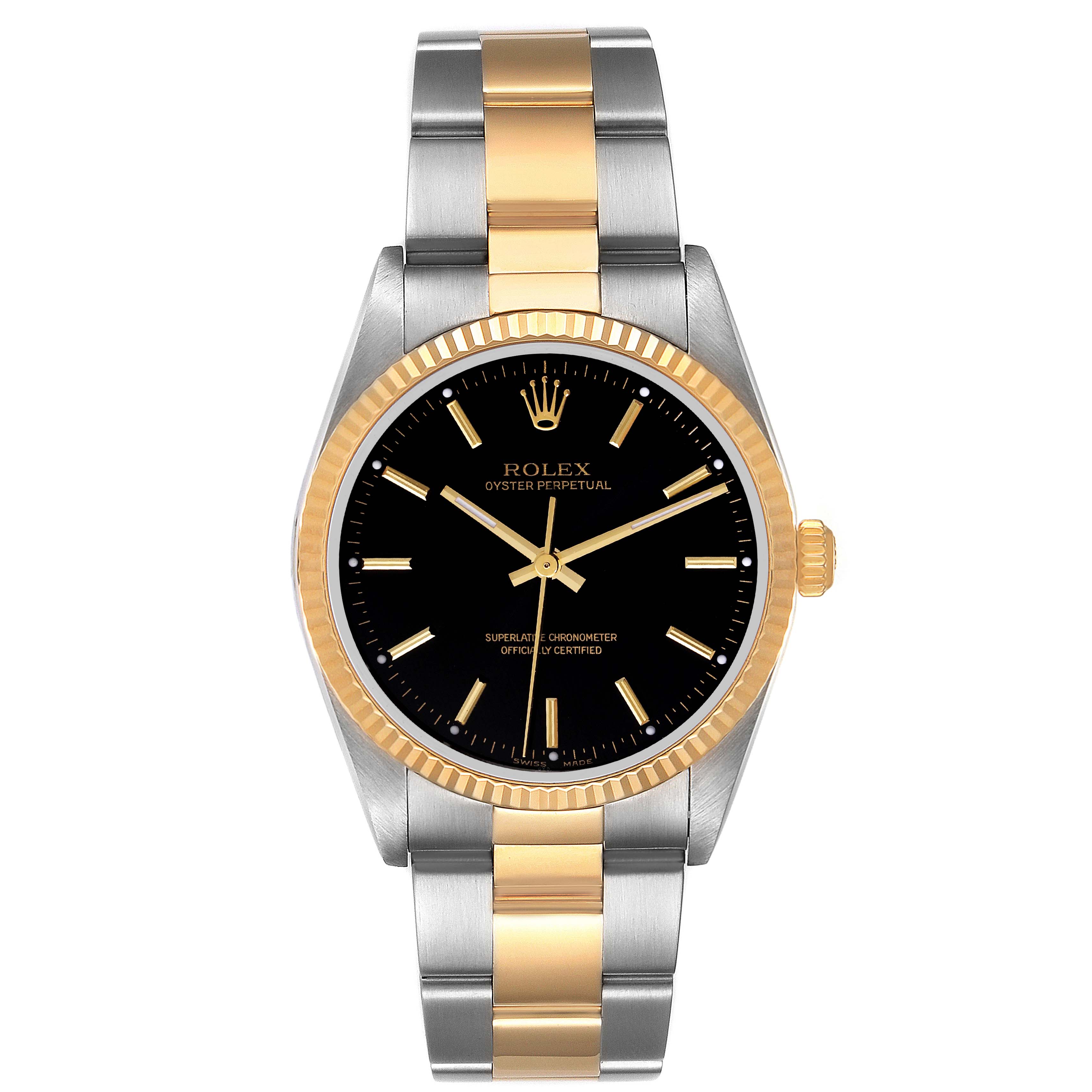 The image shows a front view of a Rolex Oyster Perpetual 14233 Men's Steel and Gold (two tone) Black Dial 14233 Men's Steel and Gold (two tone) Black Dial watch, highlighting its black dial, gold fluted bezel, and two-tone bracelet.