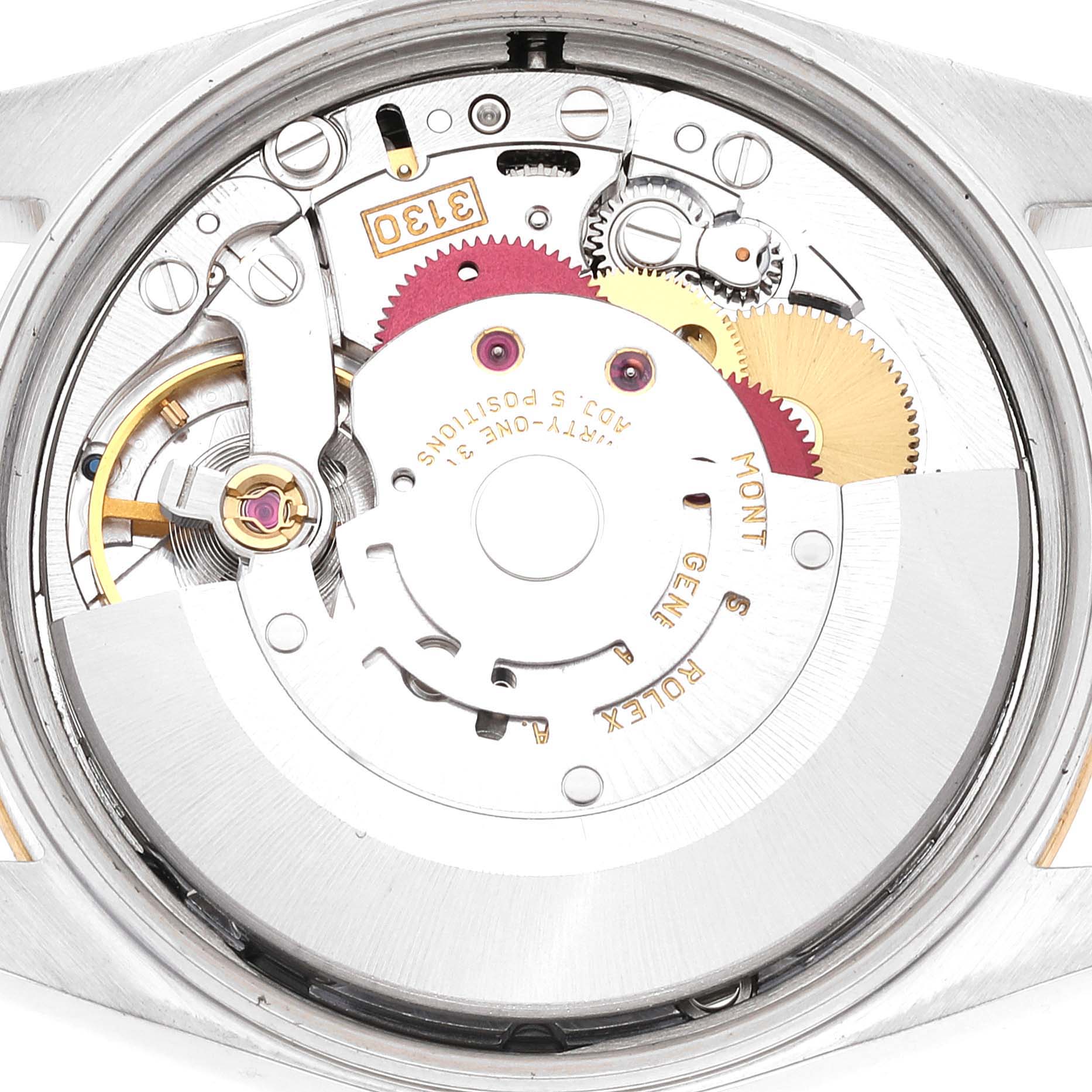 This image shows the internal mechanics of a Rolex Oyster Perpetual 14233 Men's Steel and Gold (two tone) Black Dial 14233 Men's Steel and Gold (two tone) Black Dial watch, featuring gears and the rotor.
