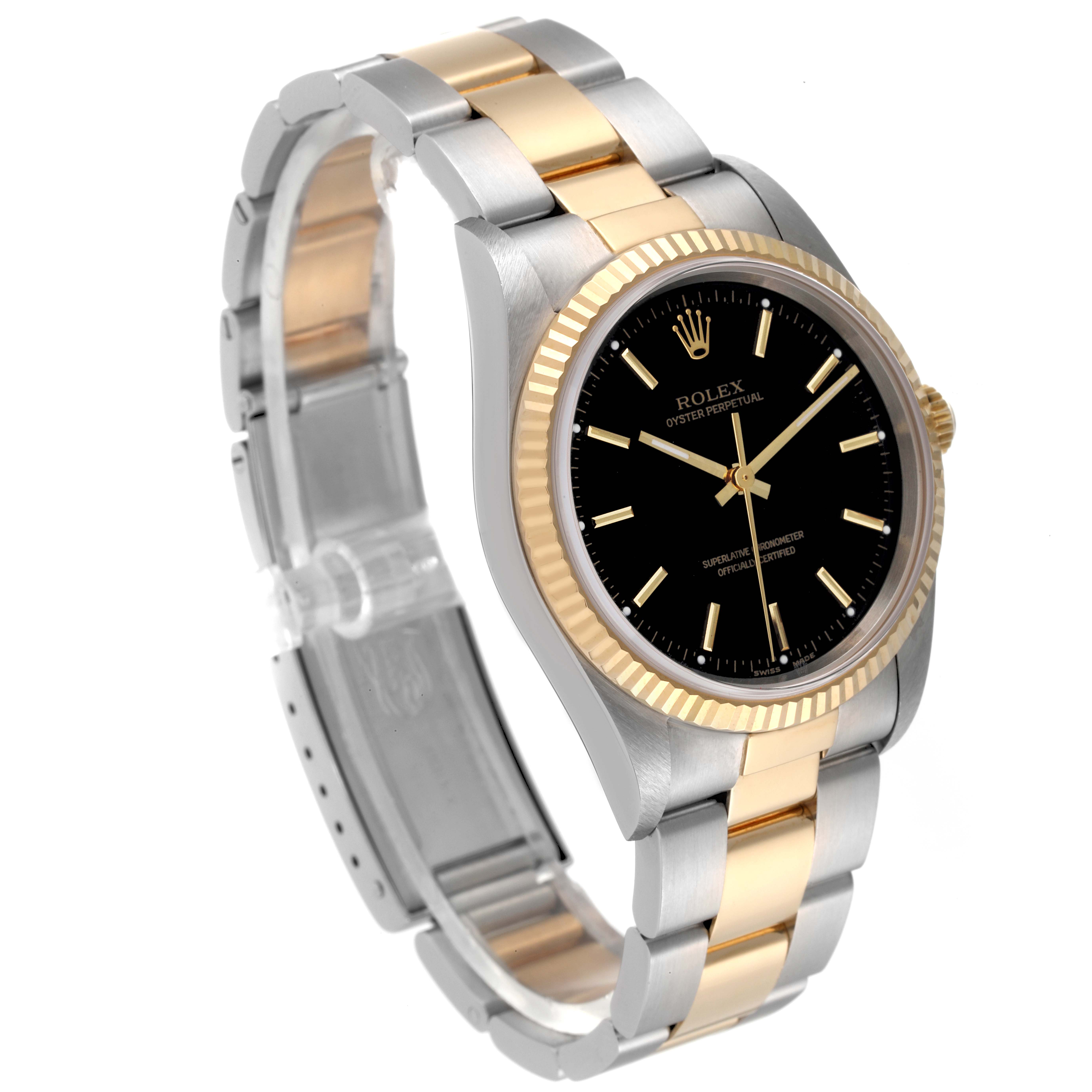 The Rolex Oyster Perpetual 14233 Men's Steel and Gold (two tone) Black Dial 14233 Men's Steel and Gold (two tone) Black Dial watch is shown at an angle emphasizing its black dial, gold bezel, and silver and gold strap.