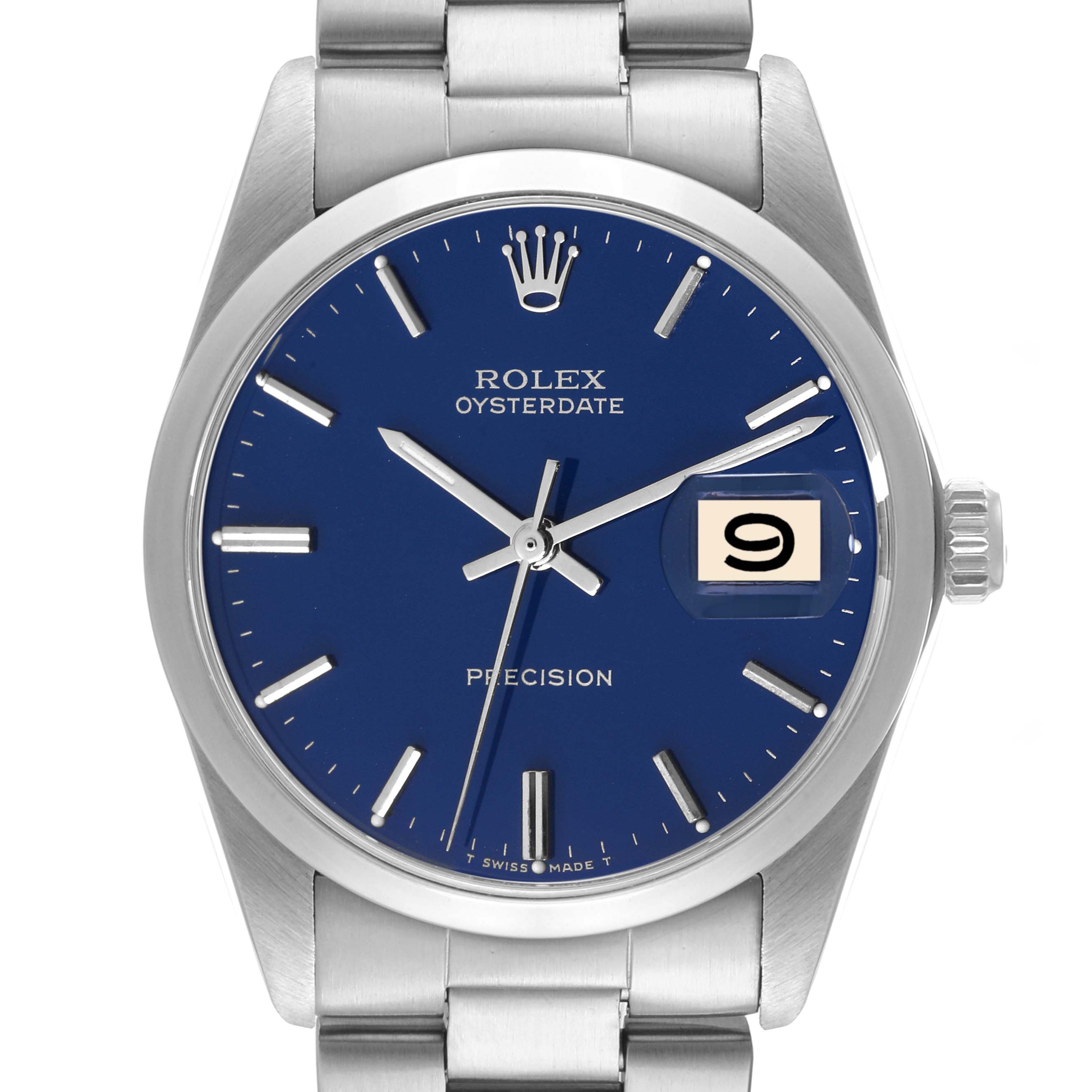 The image shows a front view of a Rolex Vintage Collection 6694 Men's Stainless Steel Blue Dial 6694 Men's Stainless Steel Blue Dial Oysterdate Precision watch with a blue dial and date display.