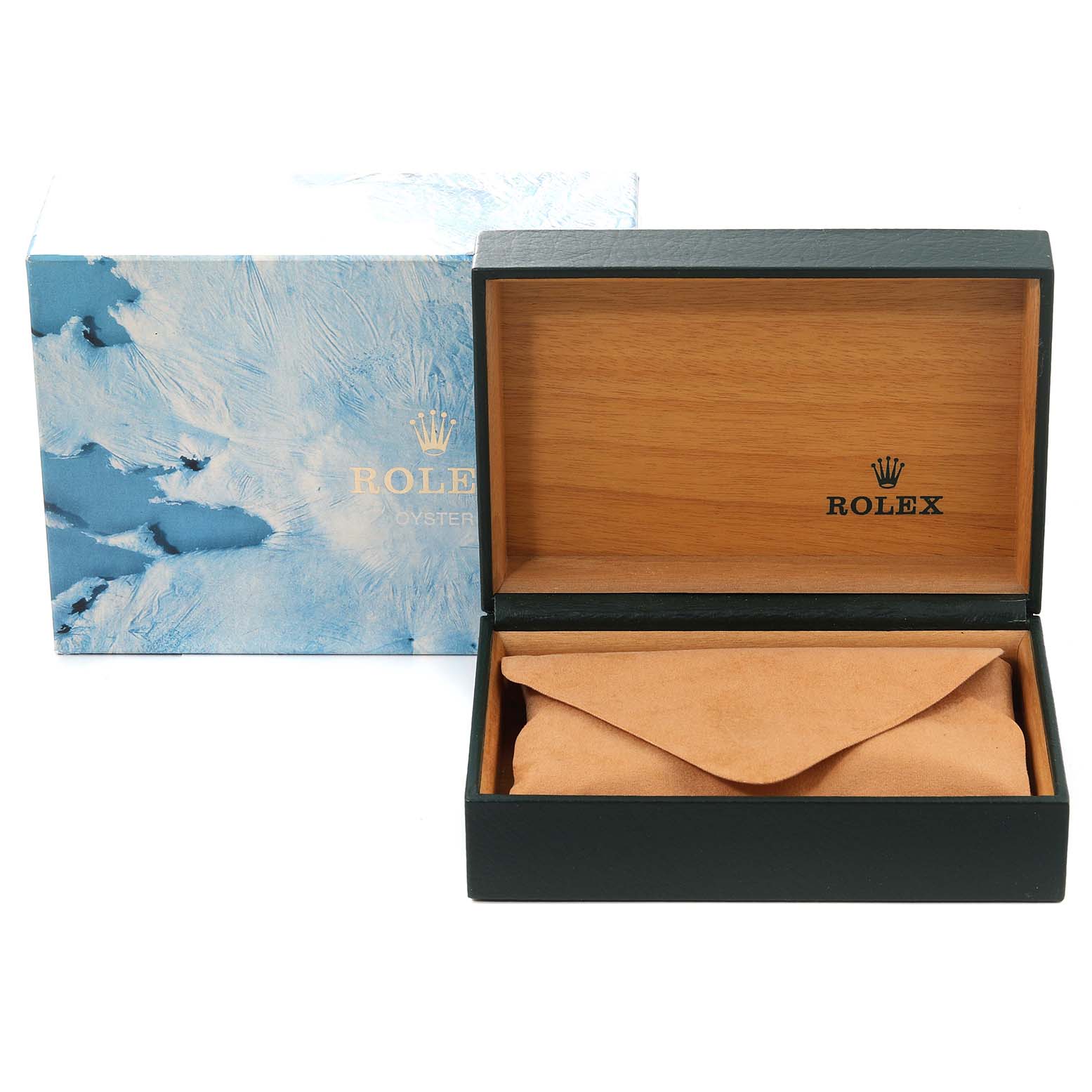 The image shows an open wooden Rolex box and a blue outer box, with the Vintage Collection model by Rolex inside a pouch.
