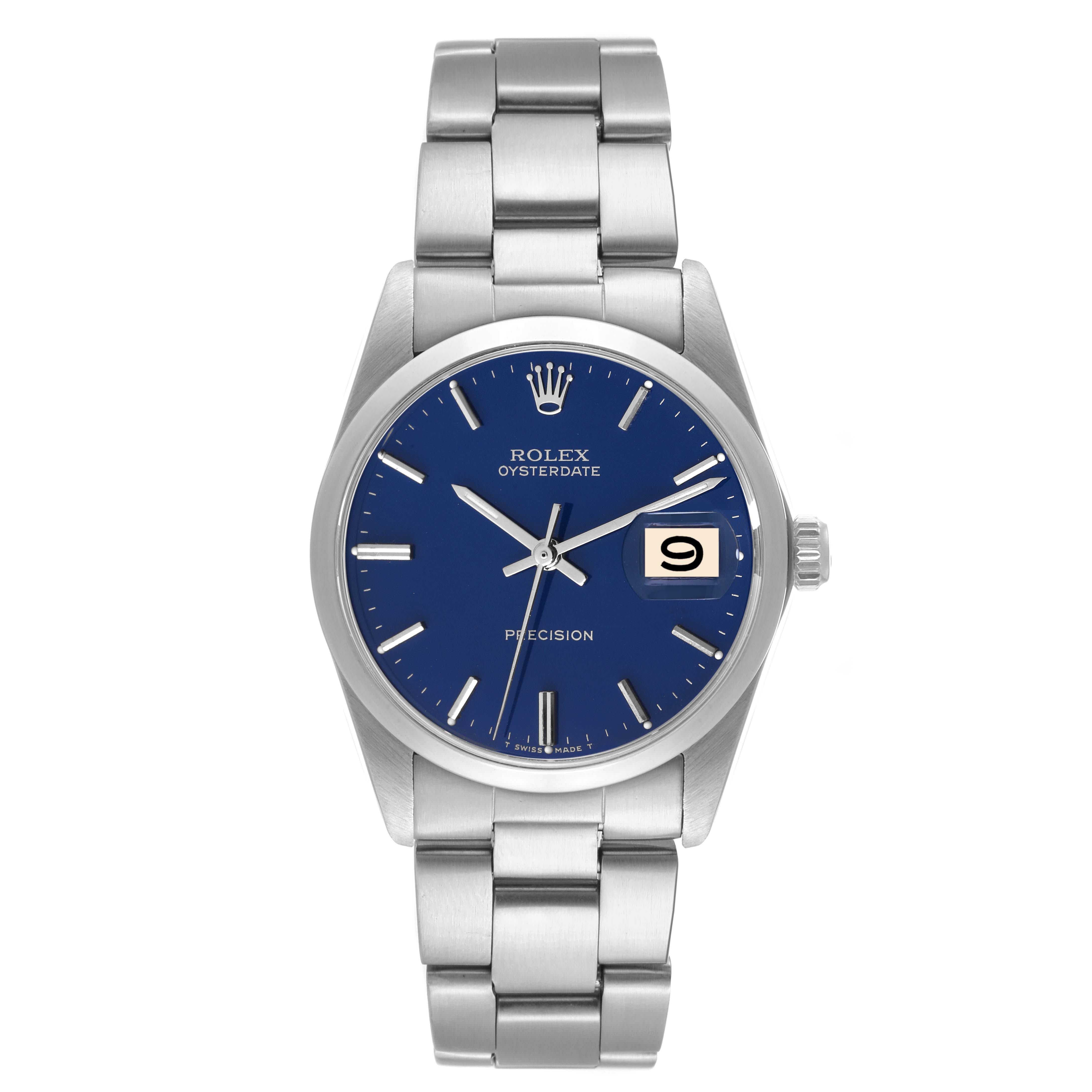 This is a front view of the Rolex Vintage Collection 6694 Men's Stainless Steel Blue Dial 6694 Men's Stainless Steel Blue Dial Oysterdate model, showing the watch's face, bracelet, and date window.