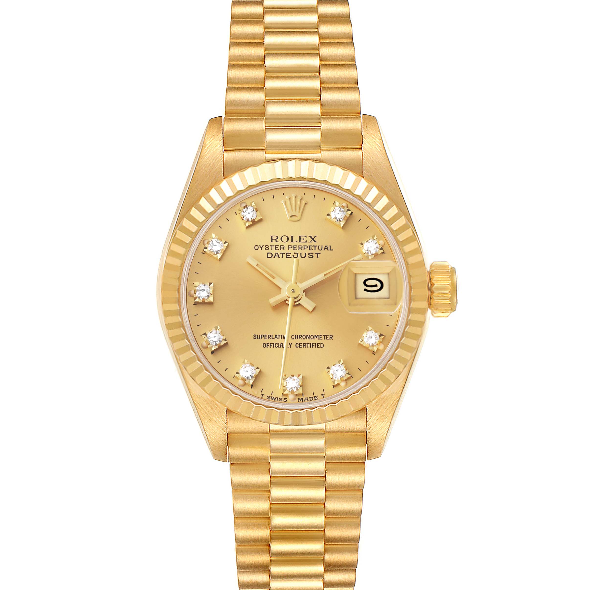 This image shows the Rolex President 69178 Women
s Yellow Gold Champagne Dial 69178 Women
s Yellow Gold Champagne Dial model from the front, highlighting its dial, hands, date window, bezel, and bracelet.