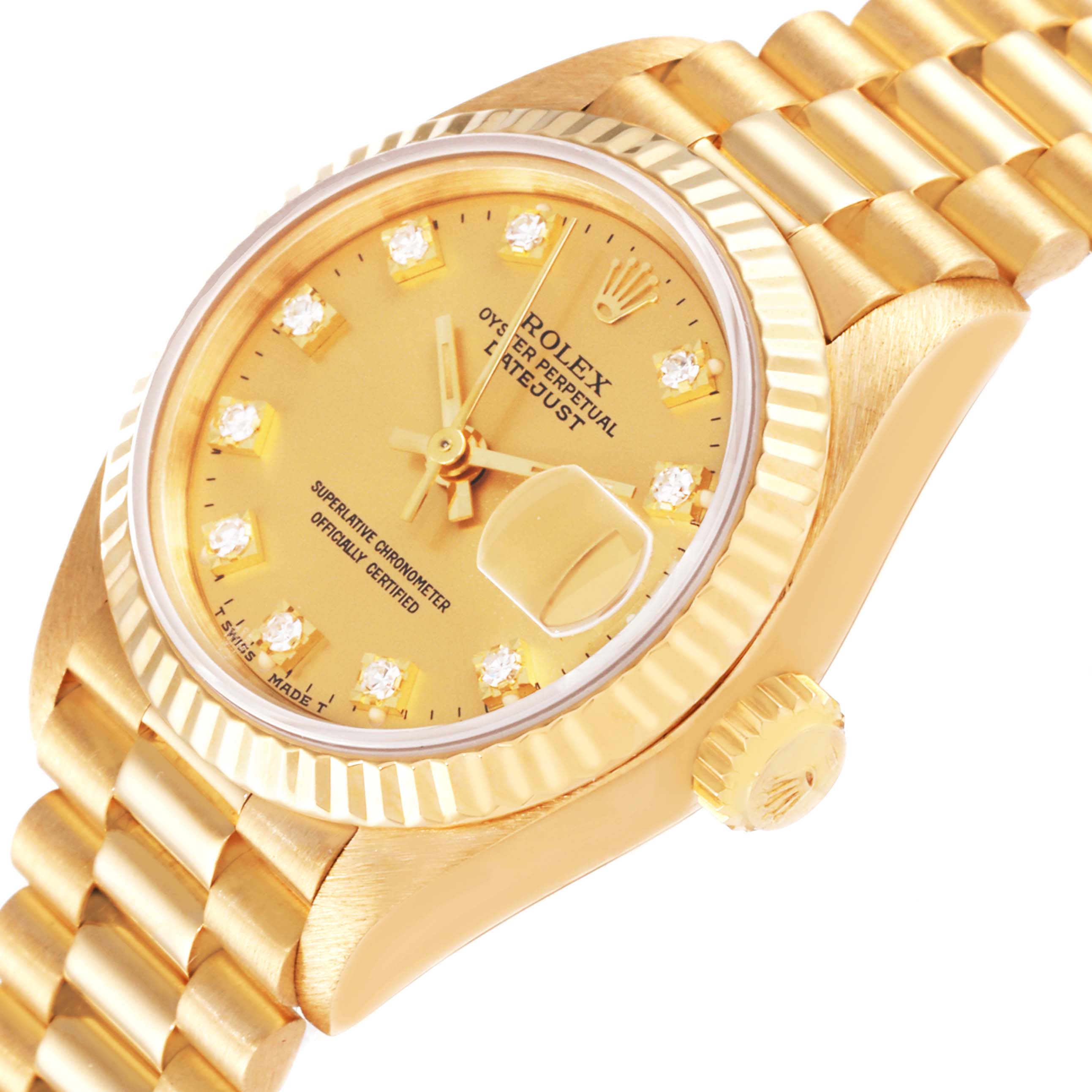 The image shows a close-up angle of the Rolex President 69178 Women
s Yellow Gold Champagne Dial 69178 Women
s Yellow Gold Champagne Dial model, highlighting its gold dial, bezel, and part of the bracelet.