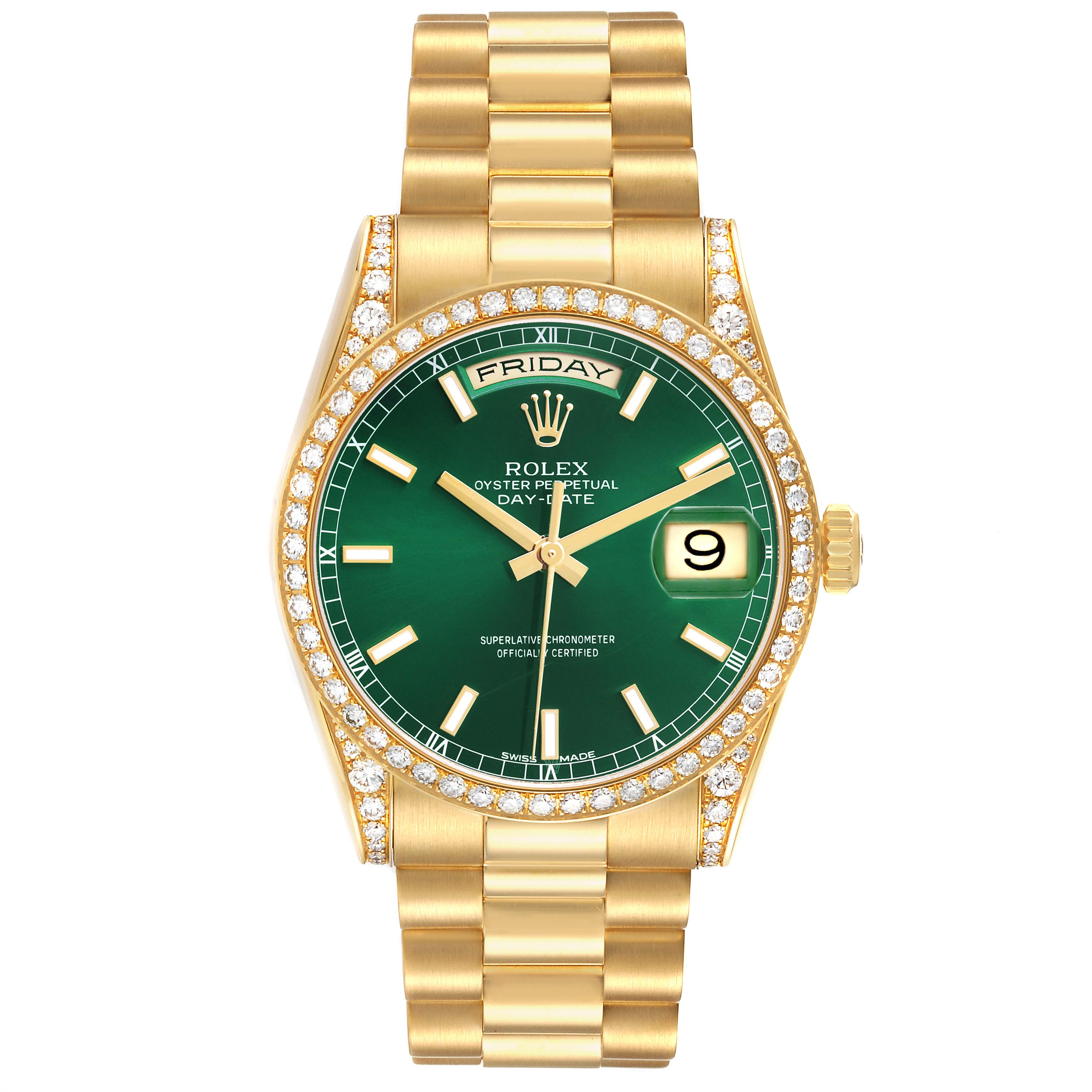 The Rolex President 118388 Men's Yellow Gold Green Dial model watch is shown from the front, displaying its dial, bezel, and bracelet.