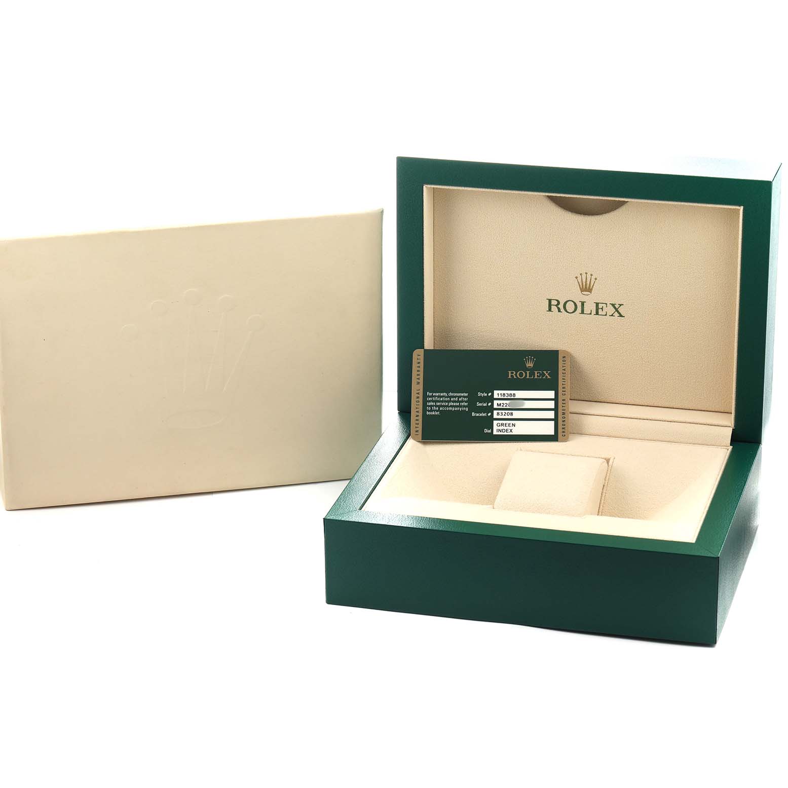 The image shows a Rolex President 118388 Men's Yellow Gold Green Dial model box at an angle, with its interior, warranty card, and outer packaging visible.