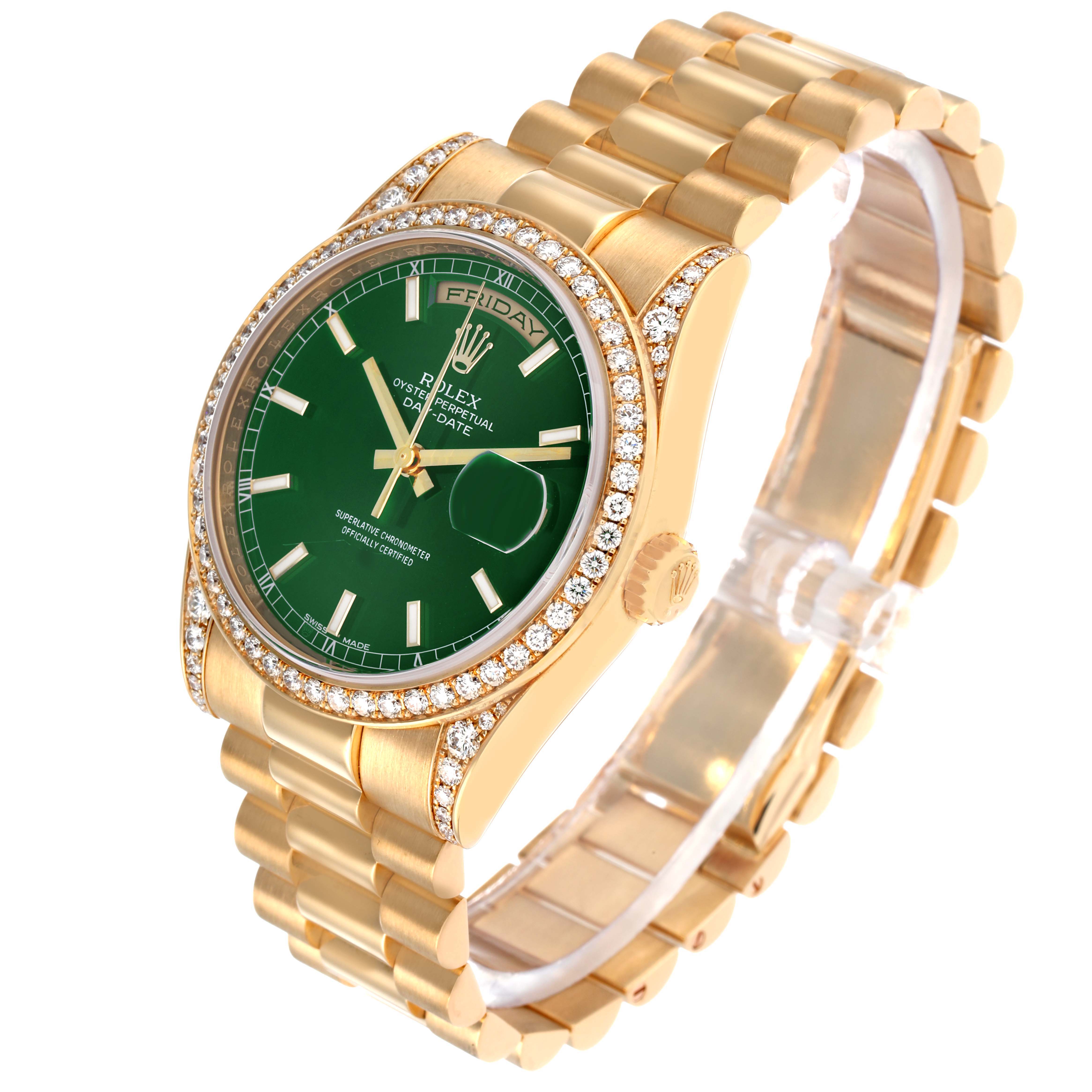 The Rolex President 118388 Men's Yellow Gold Green Dial model is shown at a slight angle, highlighting its green dial, gold bracelet, and diamond bezel.