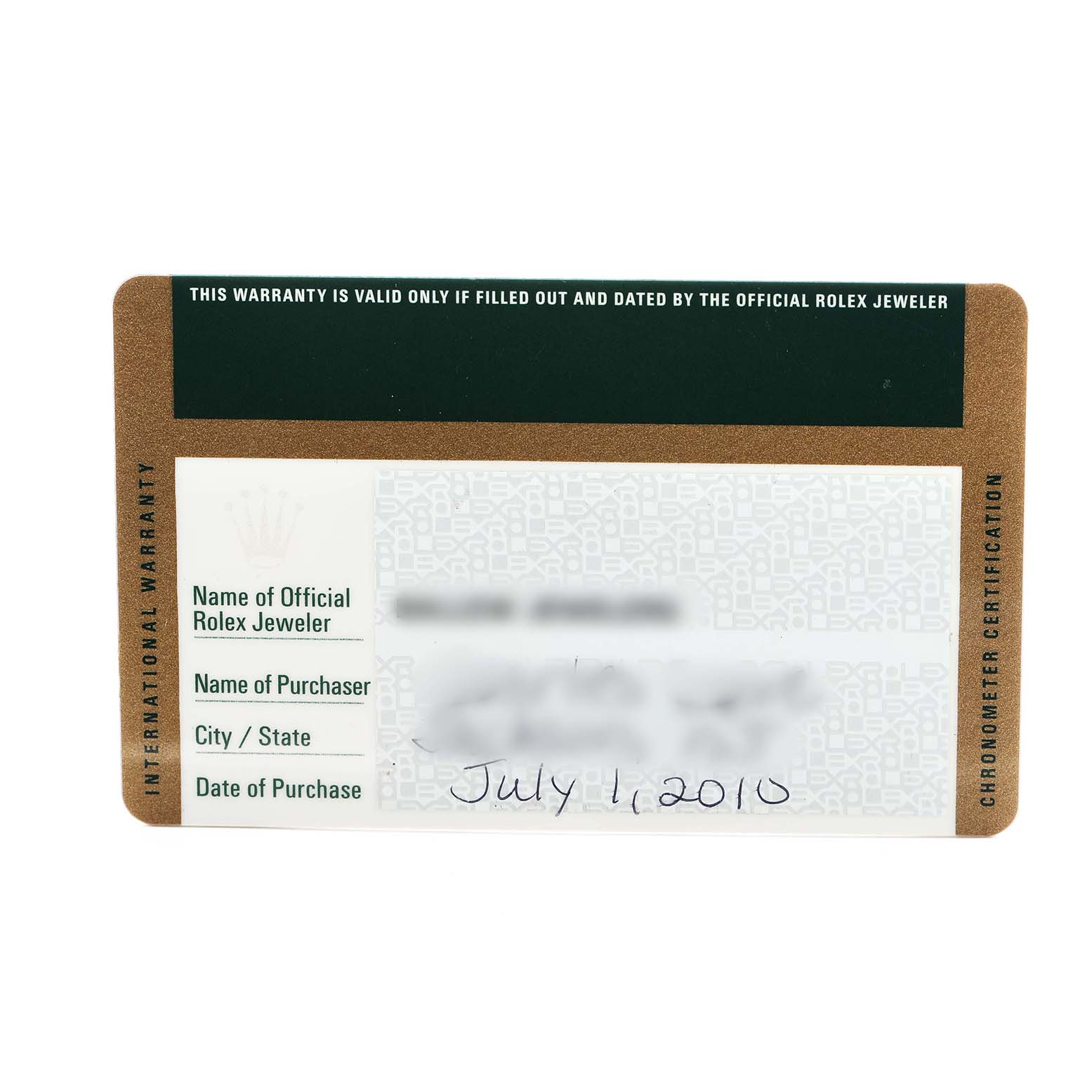 The image shows a warranty card for the Rolex President 118388 Men's Yellow Gold Green Dial model, with fields for jeweler and purchaser details.