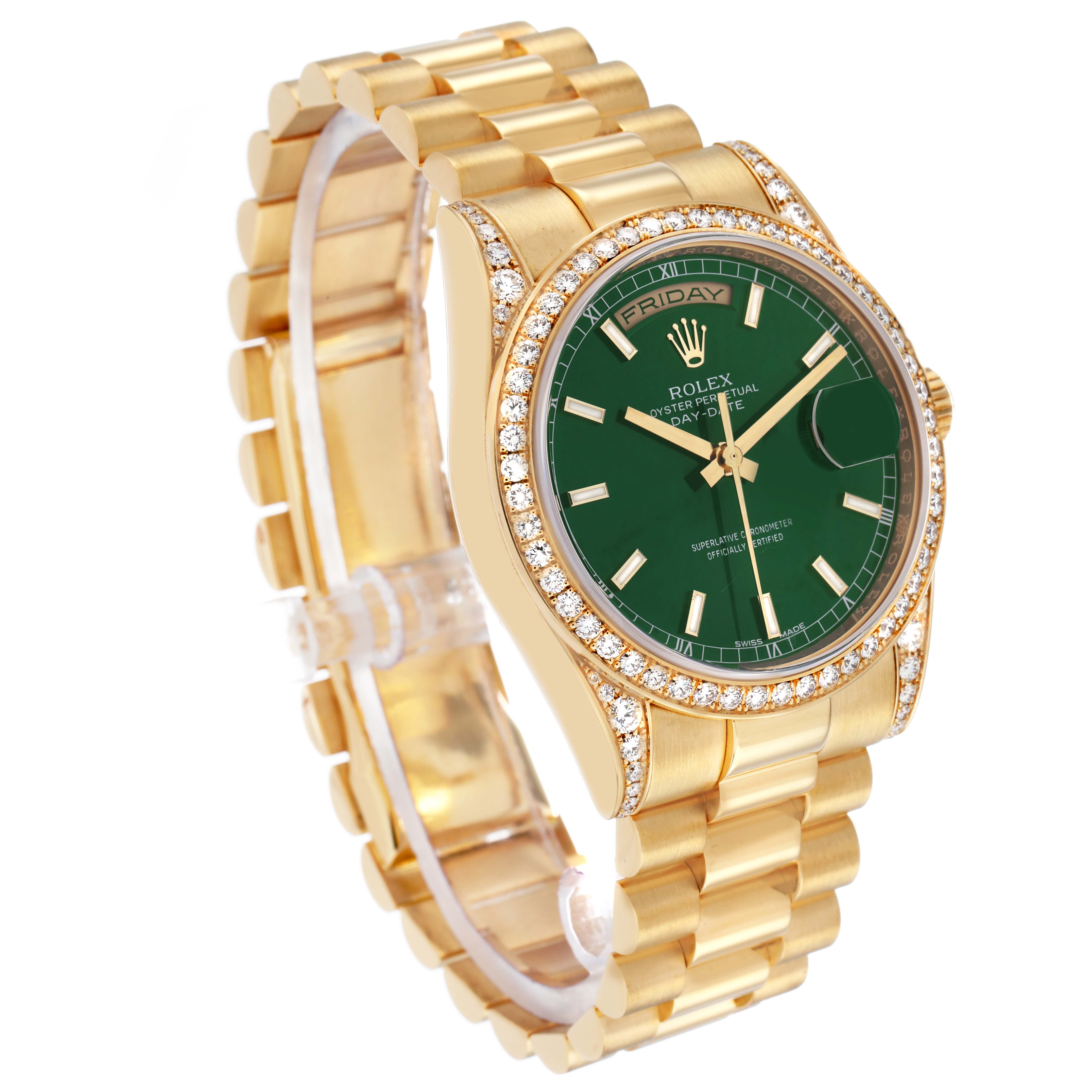 The Rolex President 118388 Men's Yellow Gold Green Dial watch is shown at a three-quarter angle, highlighting its gold bracelet, green dial, and diamond-encrusted bezel.