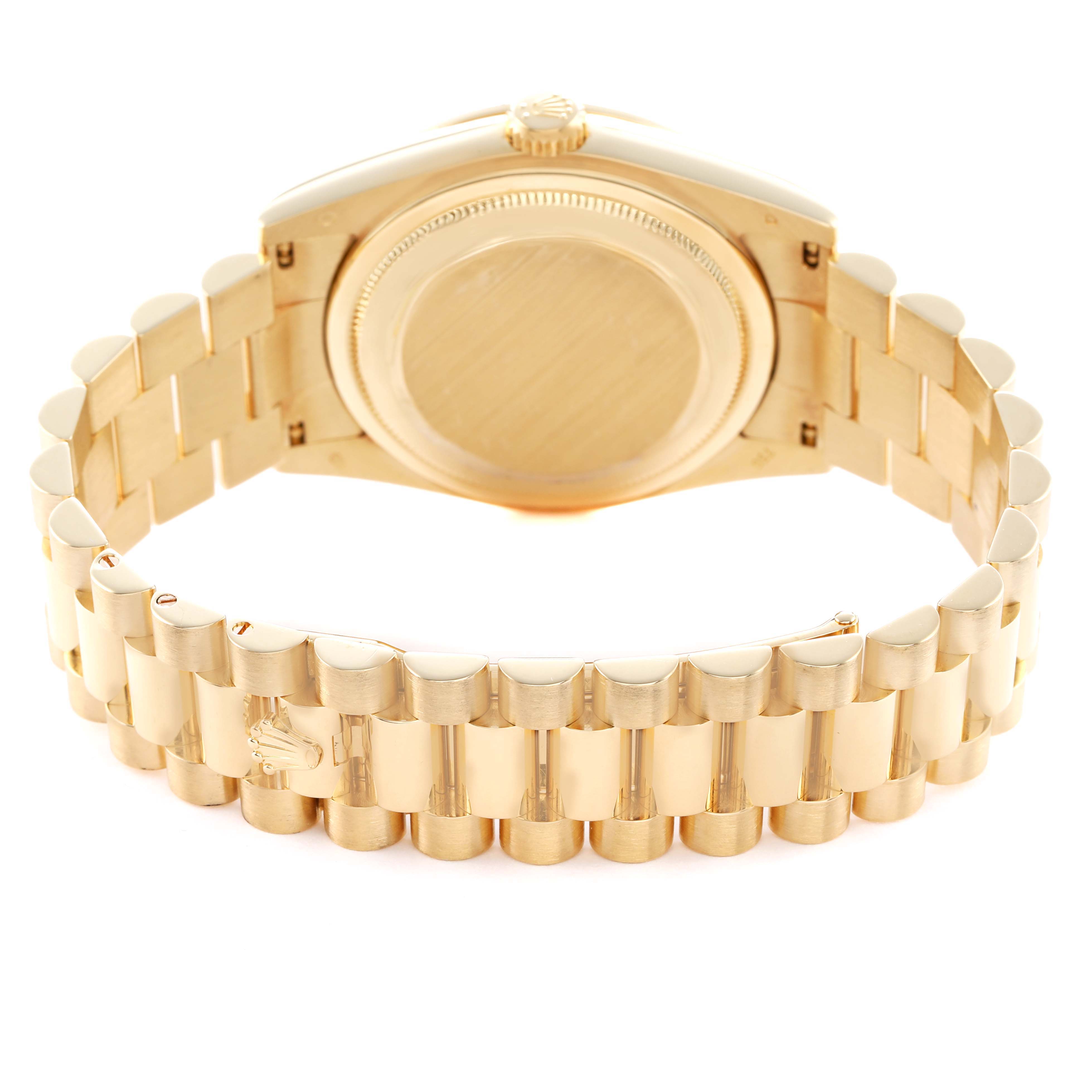 The Rolex President 118388 Men's Yellow Gold Green Dial model is shown from the back, highlighting the bracelet and case.