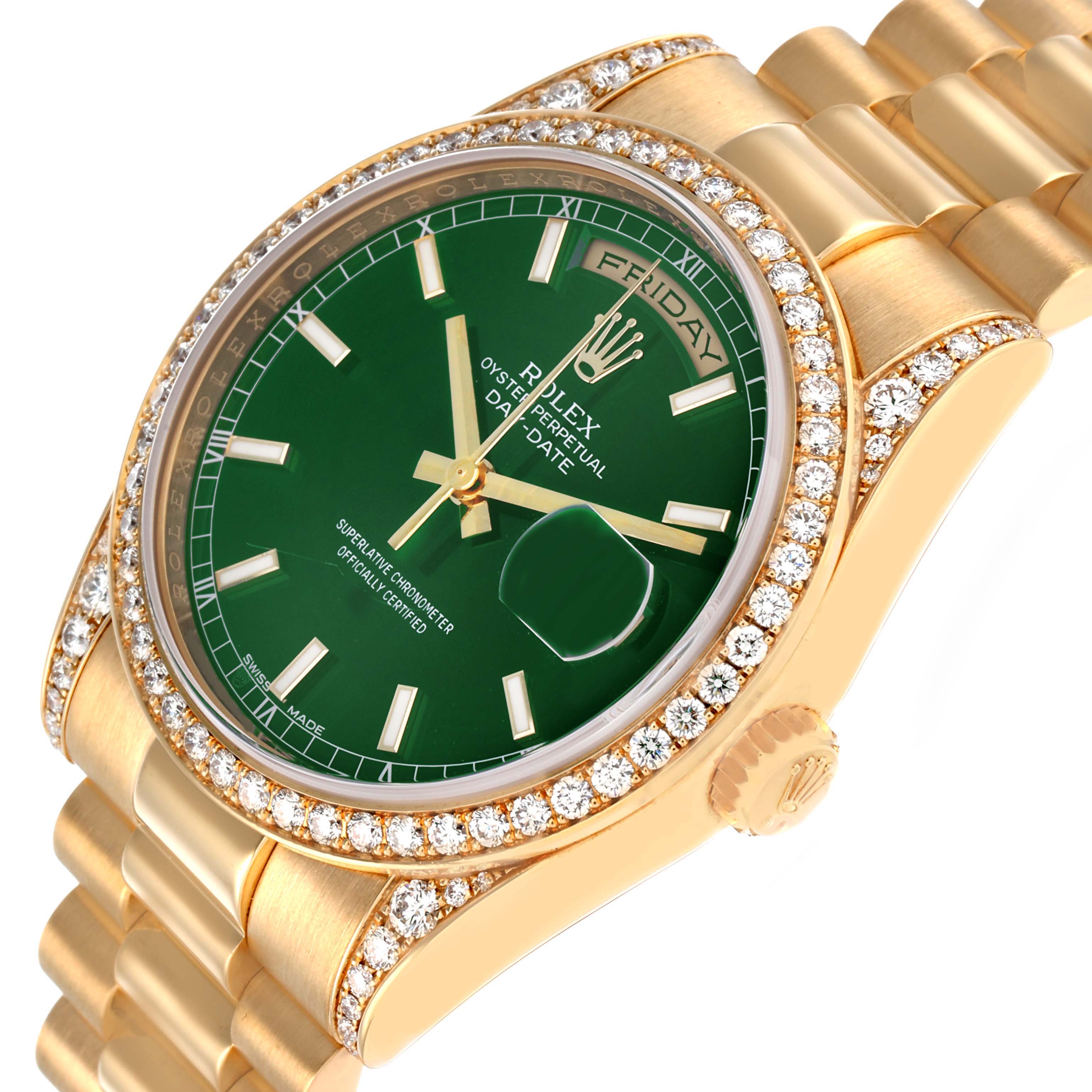 The Rolex President 118388 Men's Yellow Gold Green Dial model is shown at a tilted angle highlighting the green dial, diamond bezel, and part of the bracelet.